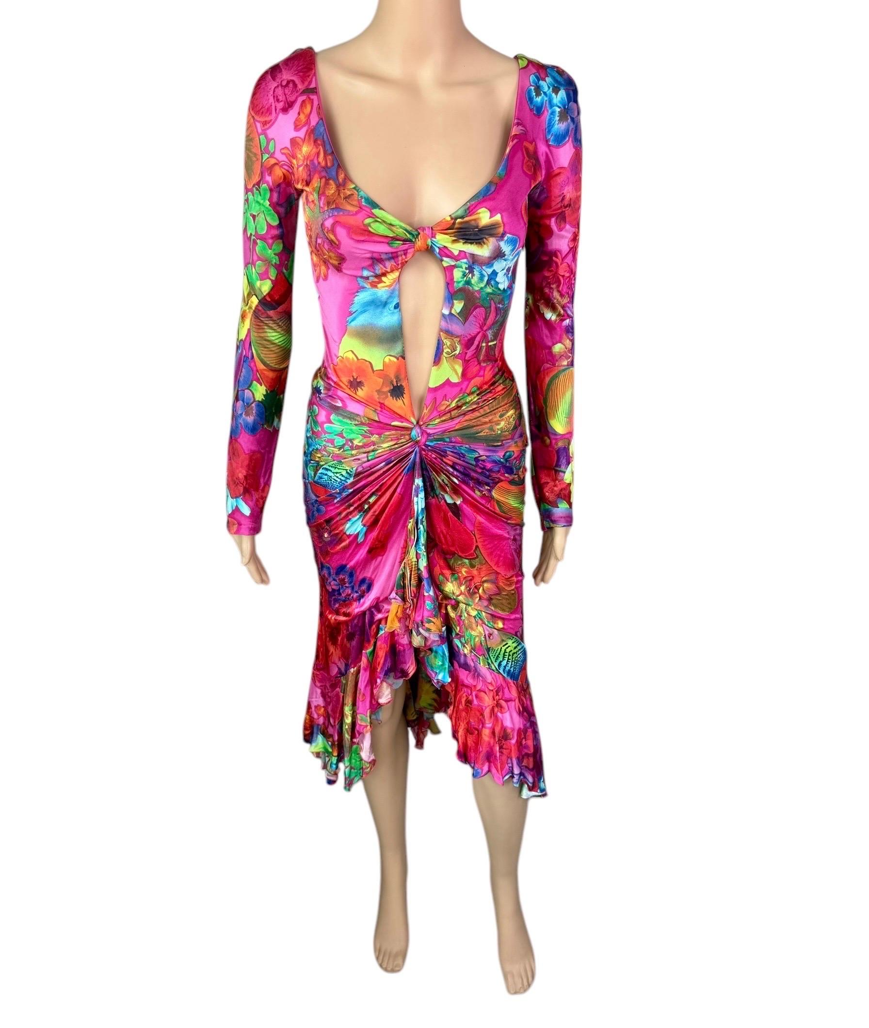 Women's Versace S/S 2004 Runway Cutout Plunging Neckline Ruffled Floral Print Dress For Sale