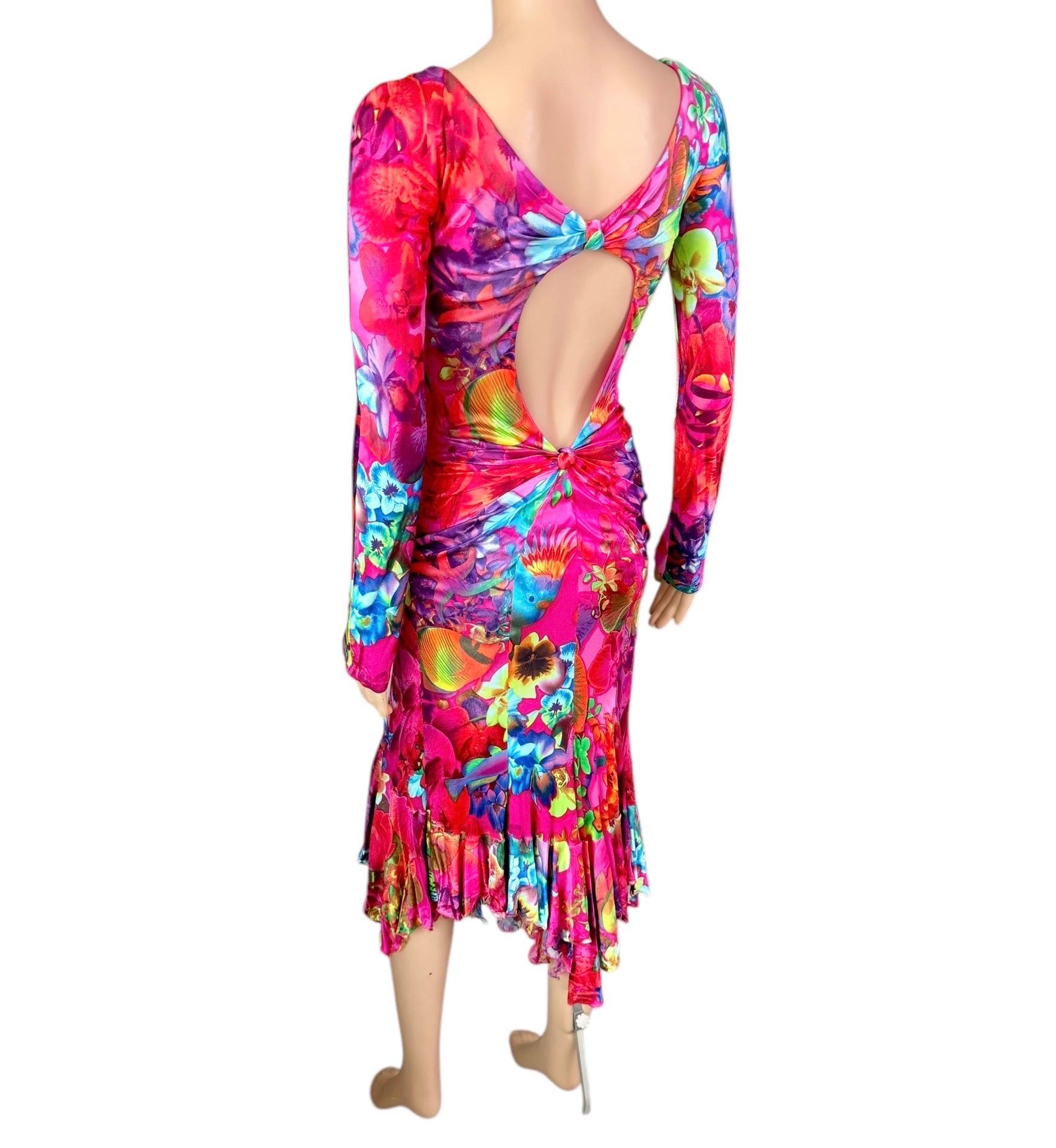 Versace S/S 2004 Runway Cutout Plunging Neckline Ruffled Floral Print Dress For Sale 1