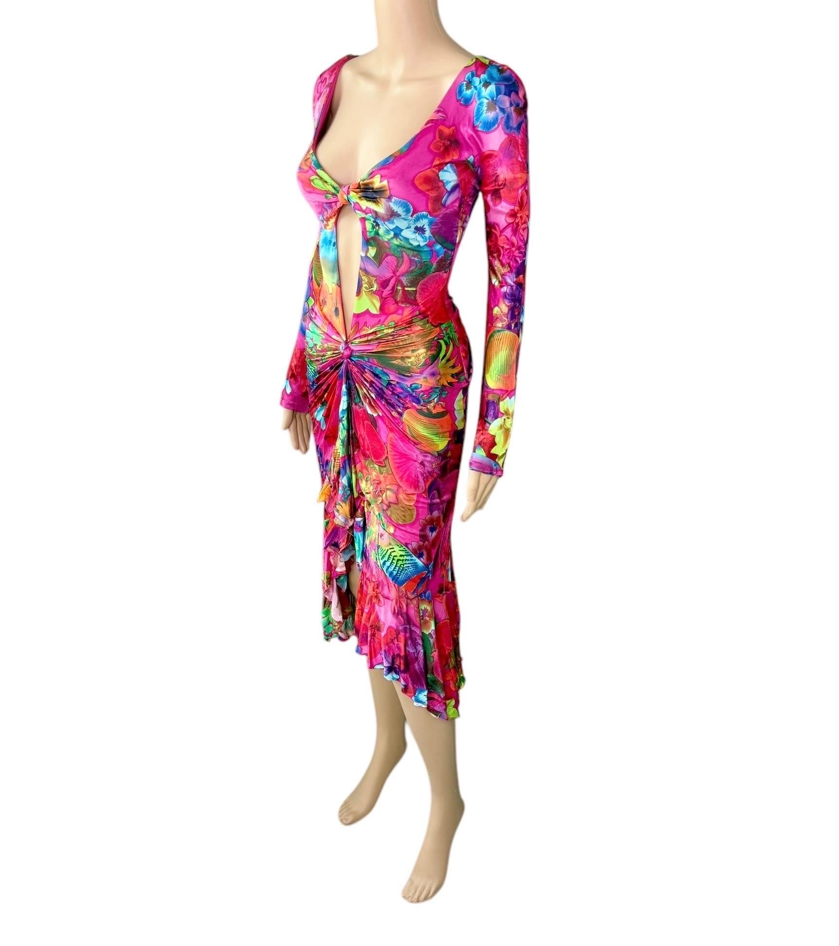Versace S/S 2004 Runway Cutout Plunging Neckline Ruffled Floral Print Dress For Sale 3