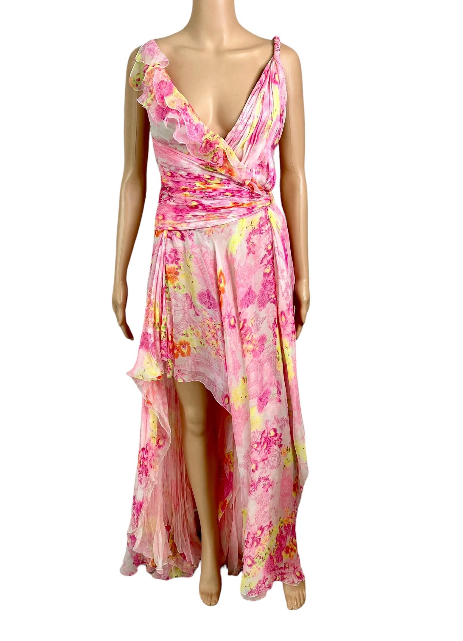 Versace S/S 2004 Runway Floral Plunged Neckline Open Back Evening Dress Gown 6