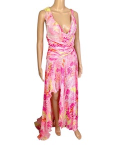 Versace S/S 2004 Runway Floral Plunged Neckline Open Back Evening Dress Gown