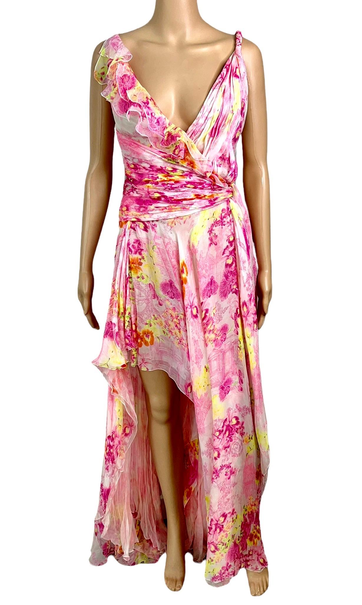 Beige Versace S/S 2004 Runway Floral Plunged Neckline Open Back Evening Dress Gown