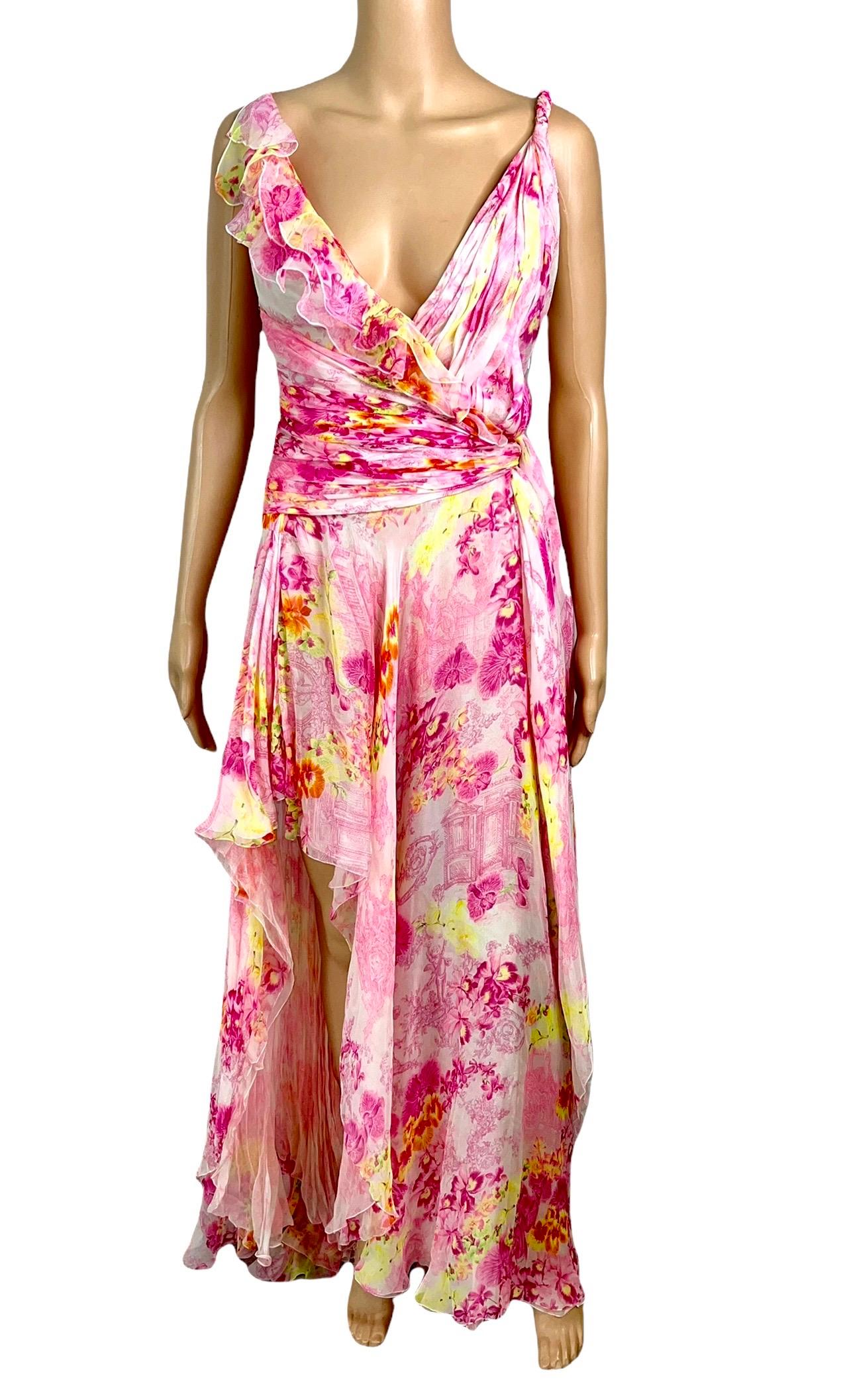 Women's Versace S/S 2004 Runway Floral Plunged Neckline Open Back Evening Dress Gown
