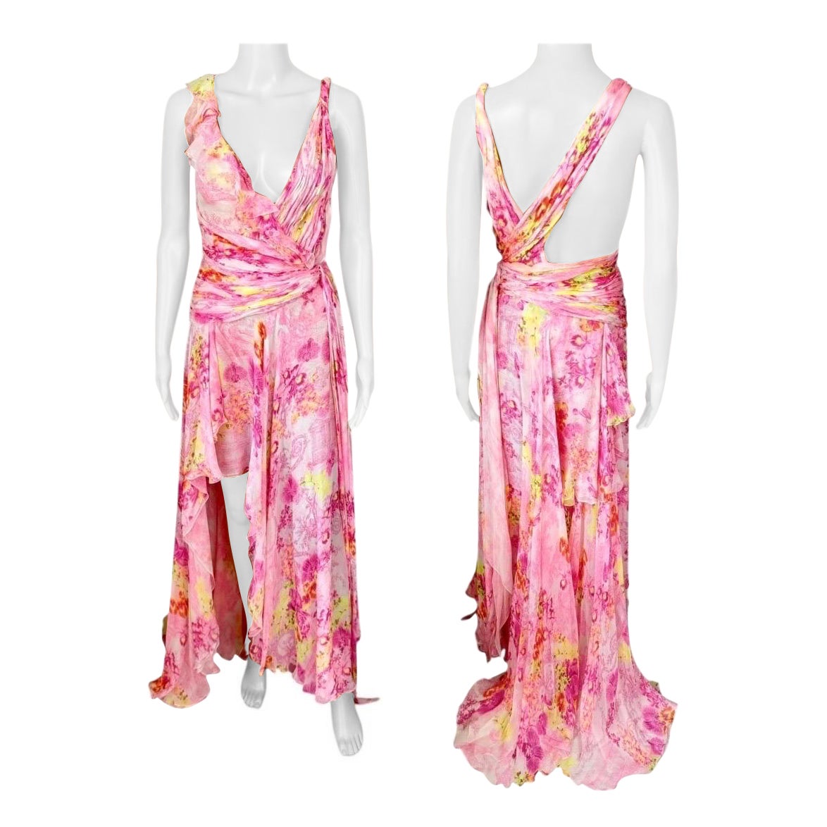 Versace S/S 2004 Runway Floral Plunged Neckline Open Back Evening Dress Gown en venta