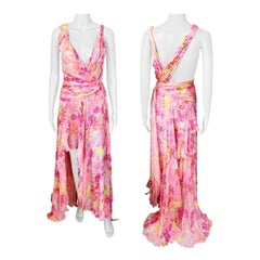 Versace S/S 2004 Runway Floral Plunged Neckline Open Back Evening Dress Gown