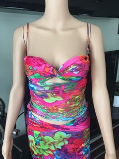 Versace S/S 2004 Pasarela Estampado Floral Bustier Recortado Top y Falda Conjunto 2 Piezas
