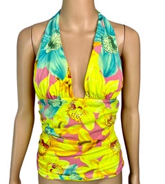 Versace S/S 2004 Runway Floral Print Plunging Neckline Halter Top