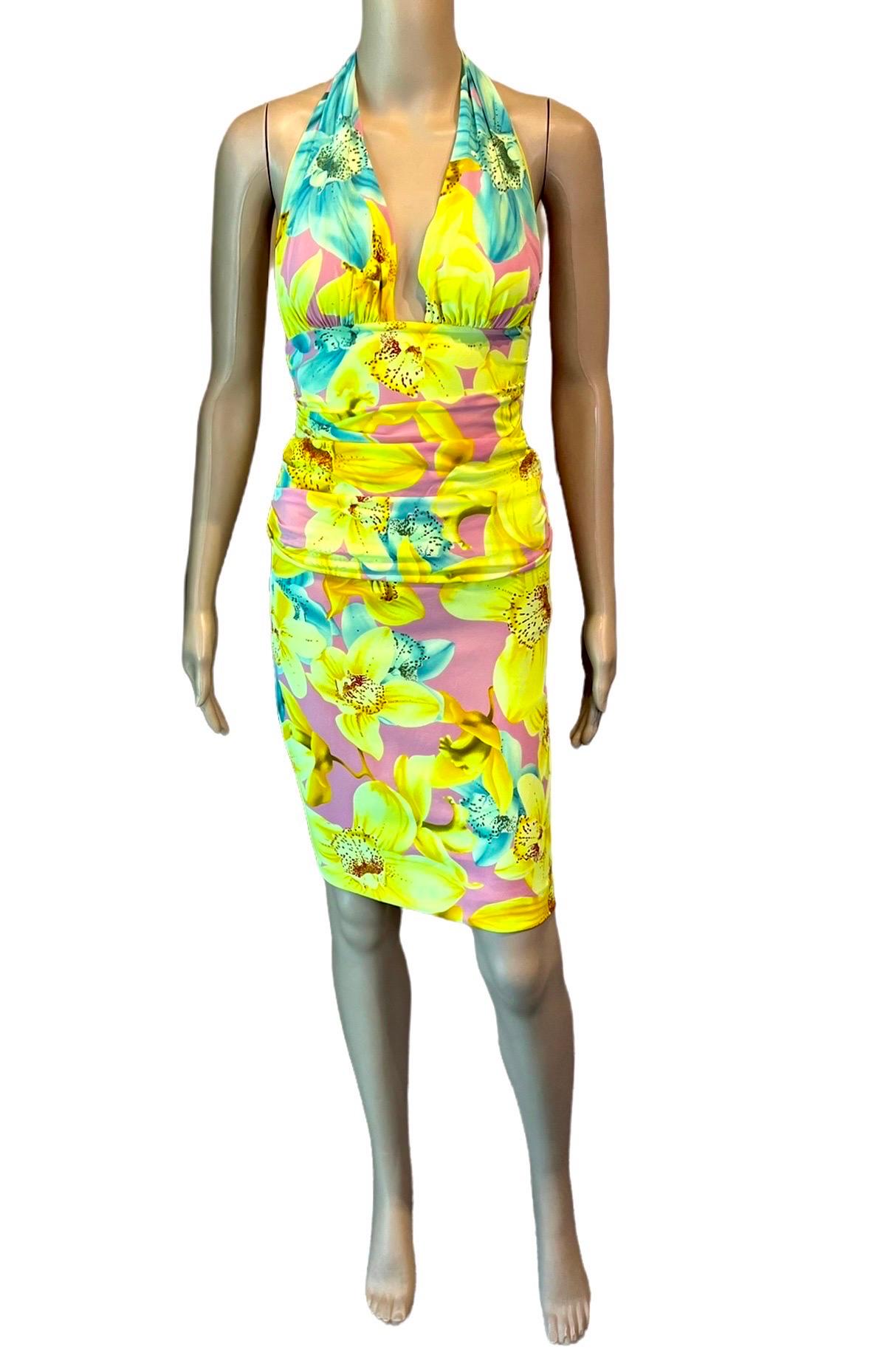 Yellow Versace S/S 2004 Runway Floral Print Plunging Top & Skirt Suit 2 Piece Set