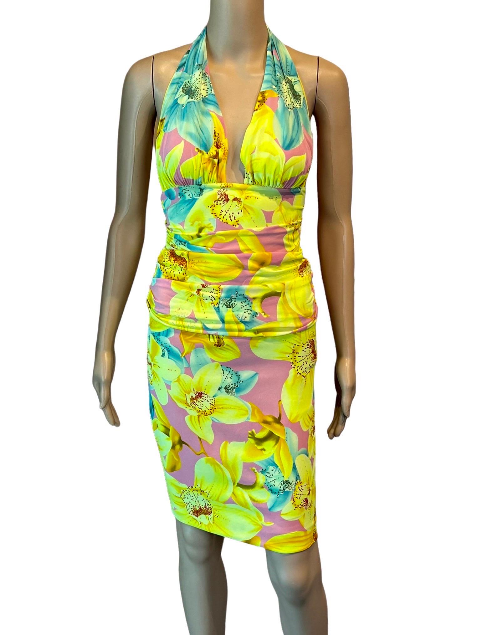 Women's Versace S/S 2004 Runway Floral Print Plunging Top & Skirt Suit 2 Piece Set