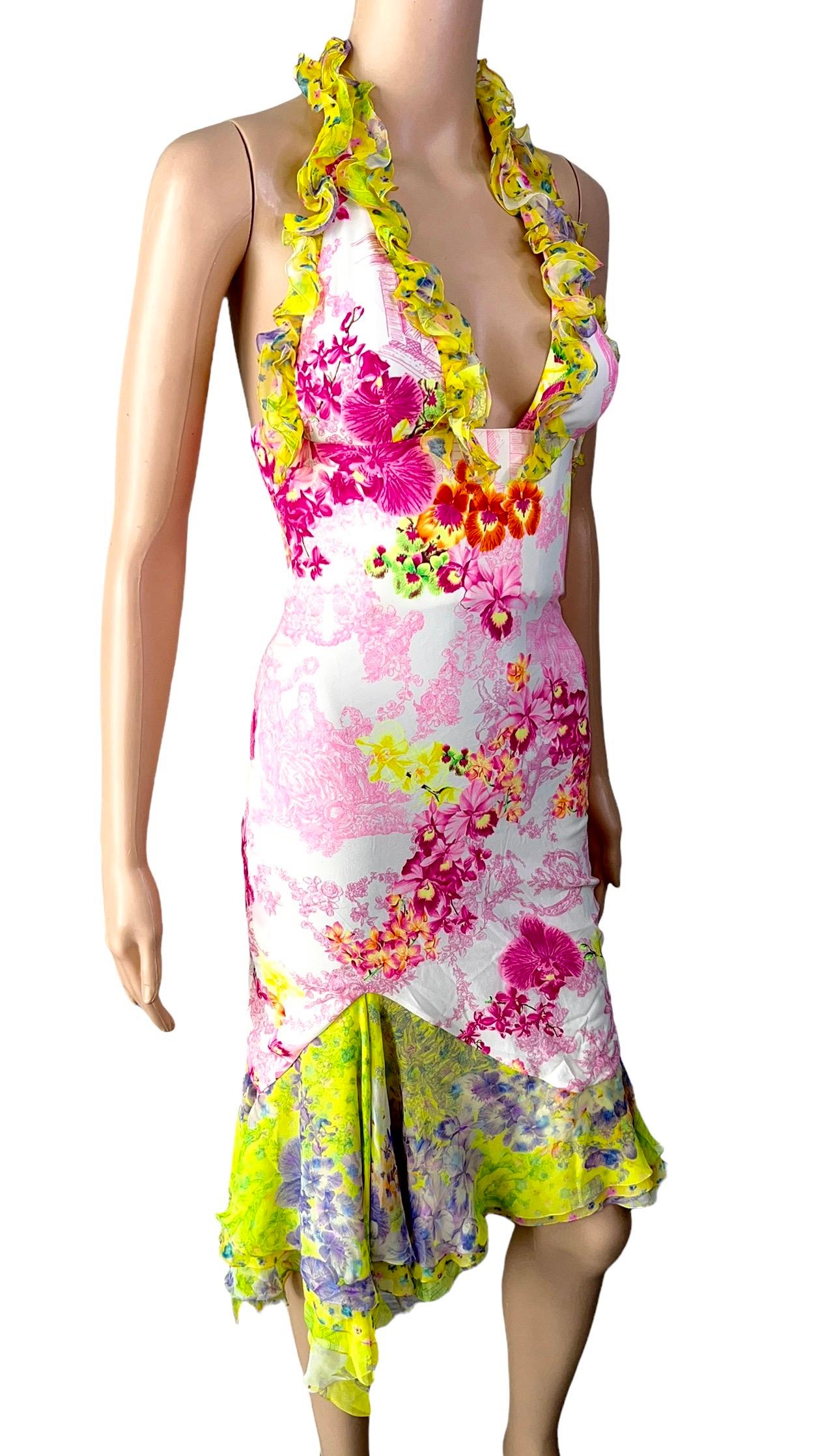 Beige Versace S/S 2004 Runway Floral Print Ruffle Plunging Neckline Low Back Dress