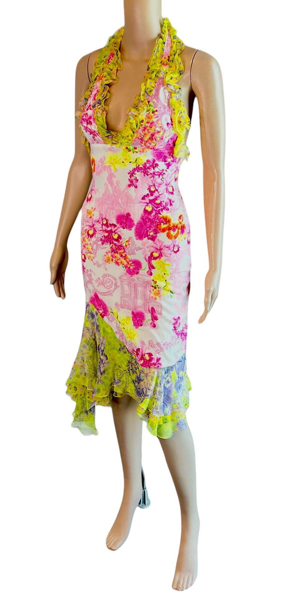 Versace S/S 2004 Runway Floral Print Ruffle Plunging Neckline Low Back Dress In Good Condition In Naples, FL