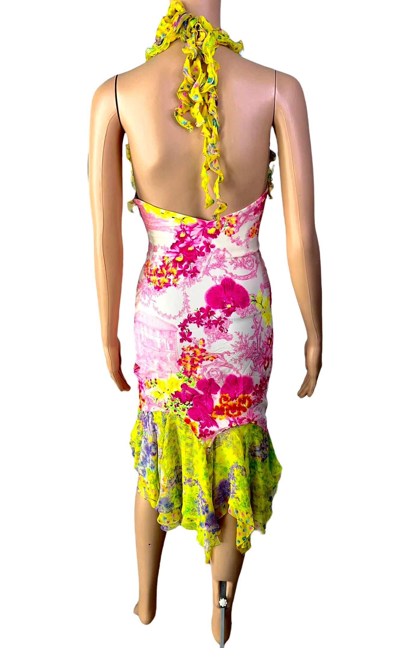 Women's Versace S/S 2004 Runway Floral Print Ruffle Plunging Neckline Low Back Dress