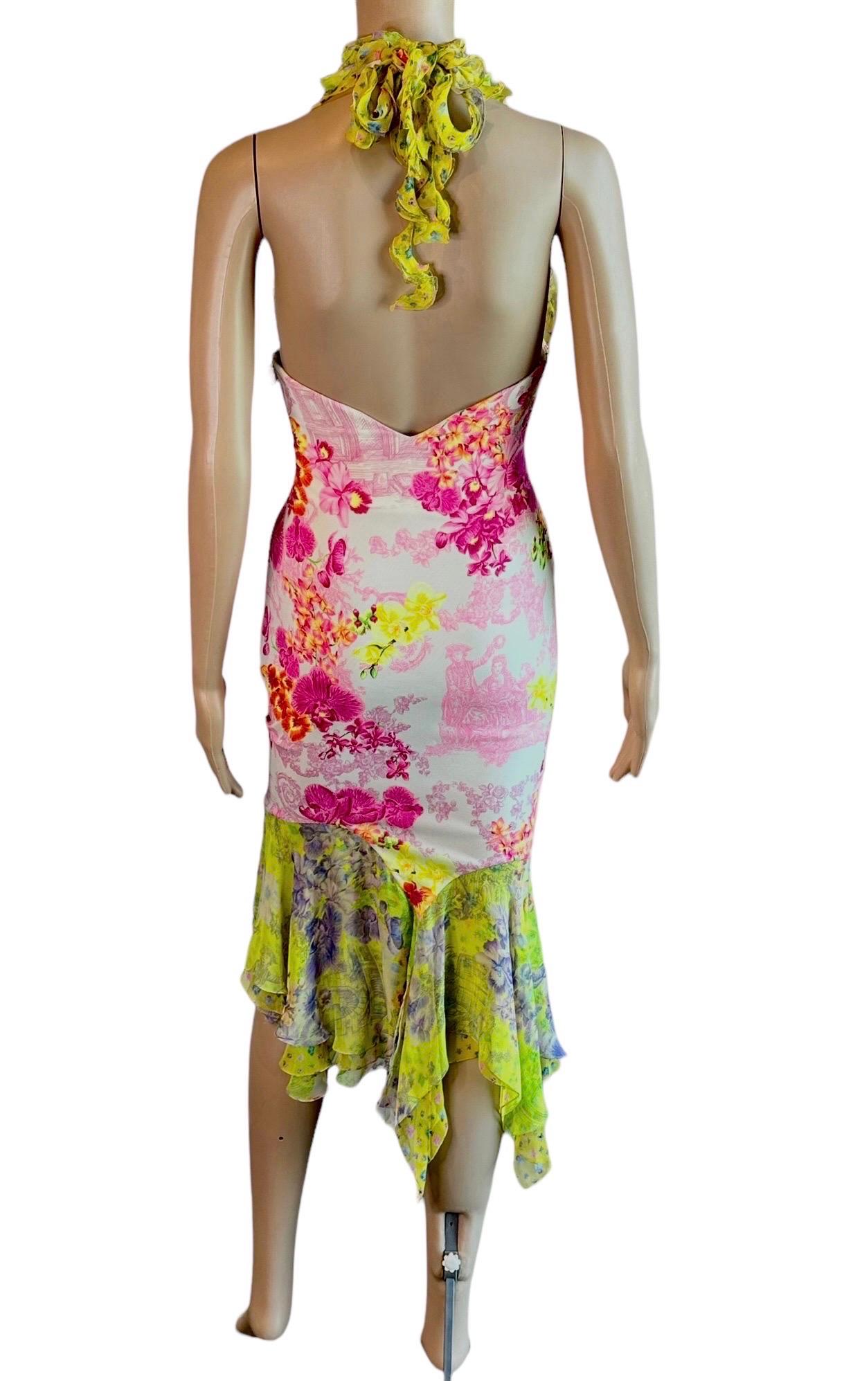 Versace S/S 2004 Runway Floral Print Ruffle Plunging Neckline Low Back Dress 1