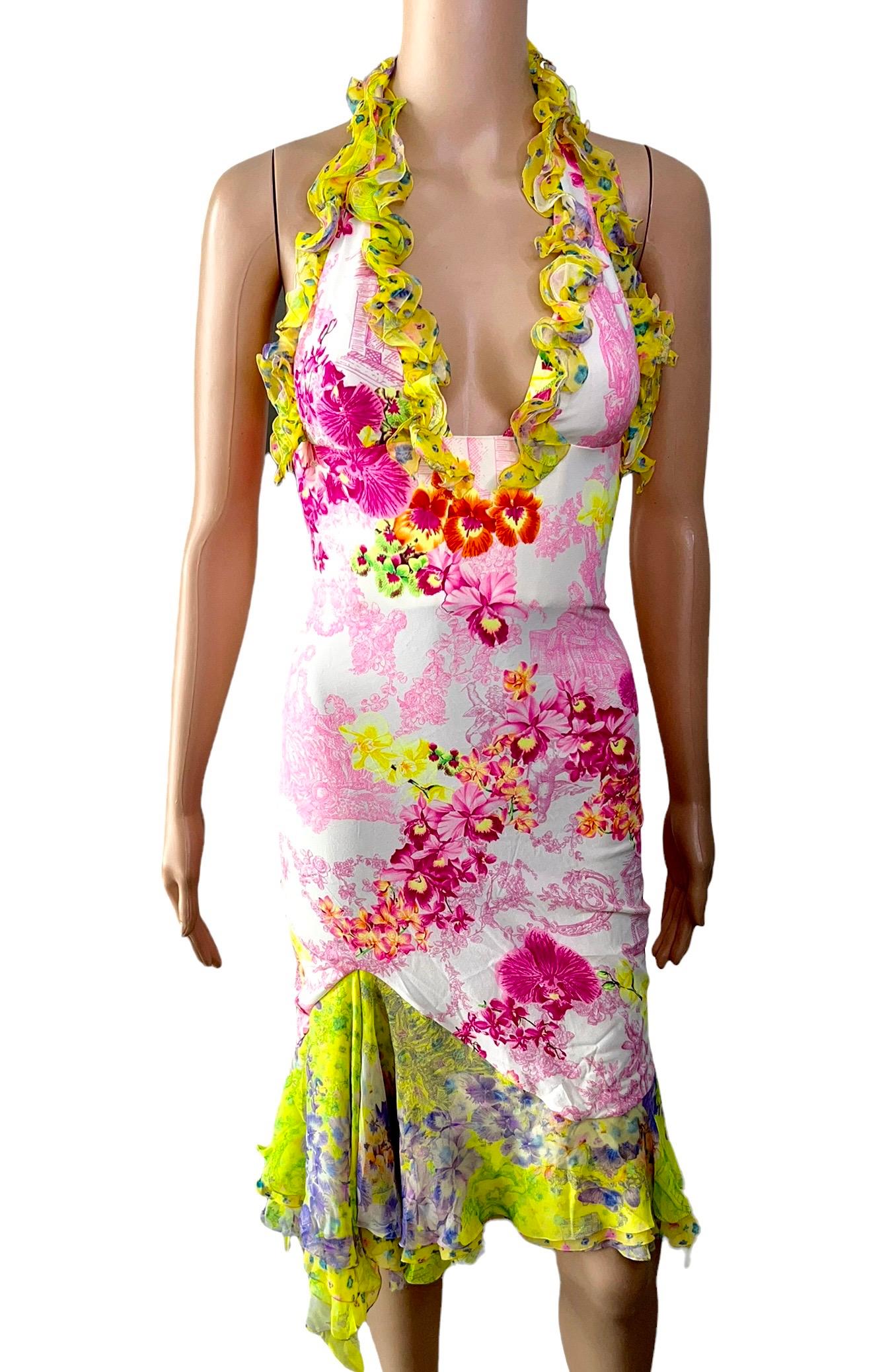 Versace S/S 2004 Runway Floral Print Ruffle Plunging Neckline Low Back Dress 2