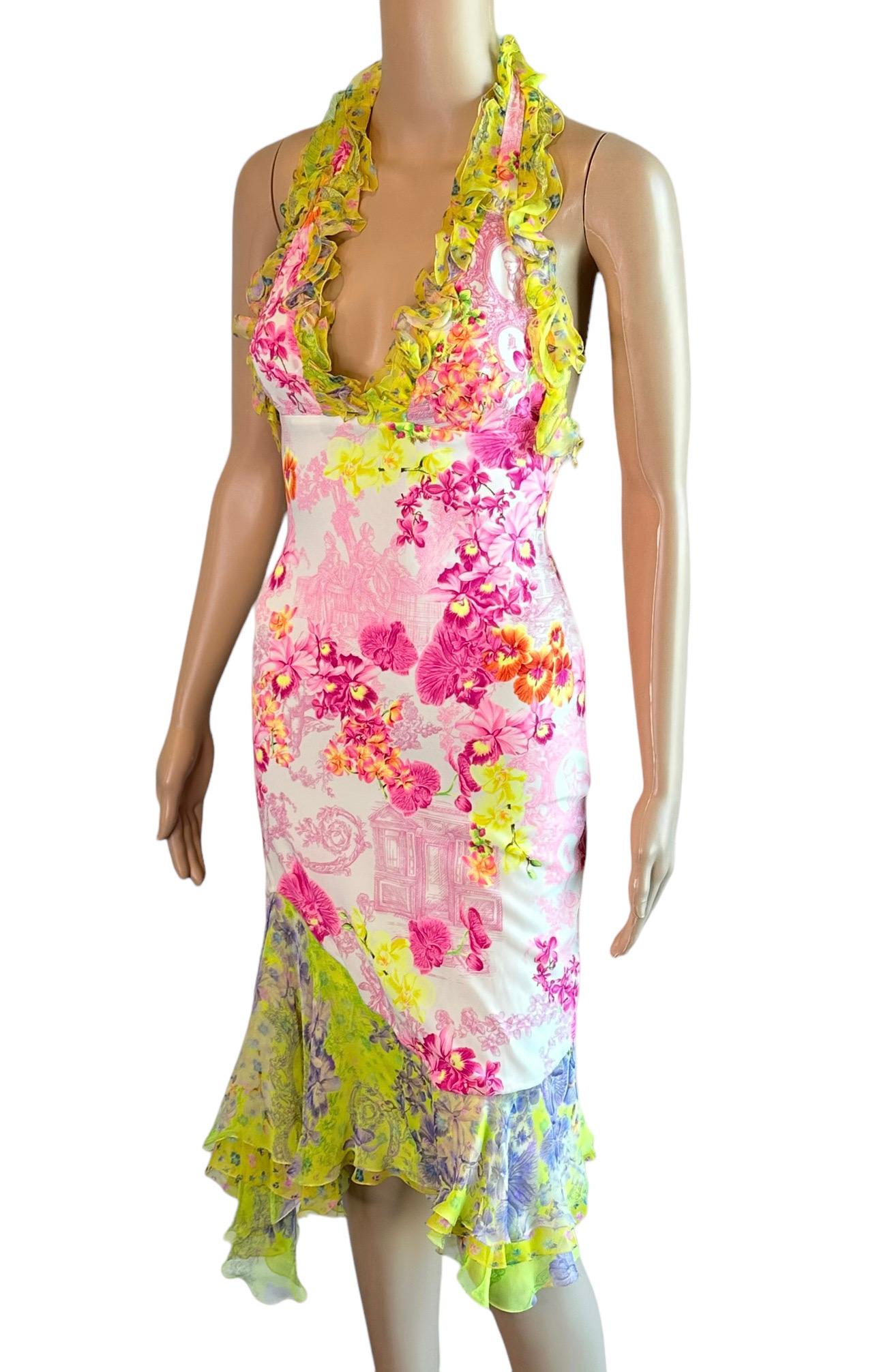 Versace S/S 2004 Runway Floral Print Ruffle Plunging Neckline Low Back Dress 2