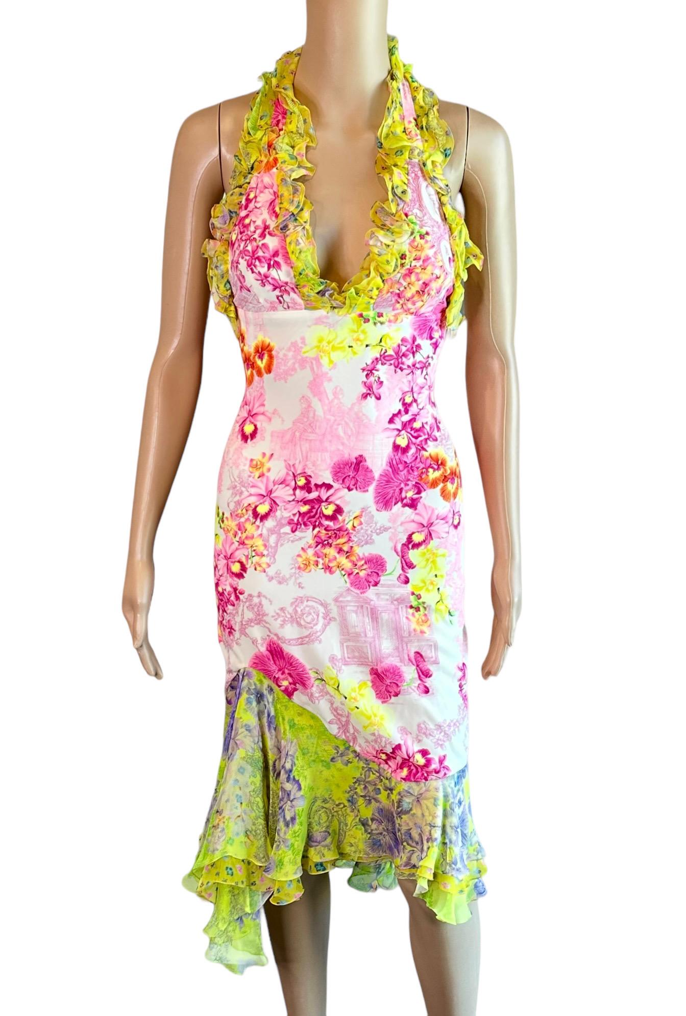 Versace S/S 2004 Runway Floral Print Ruffle Plunging Neckline Low Back Dress 3