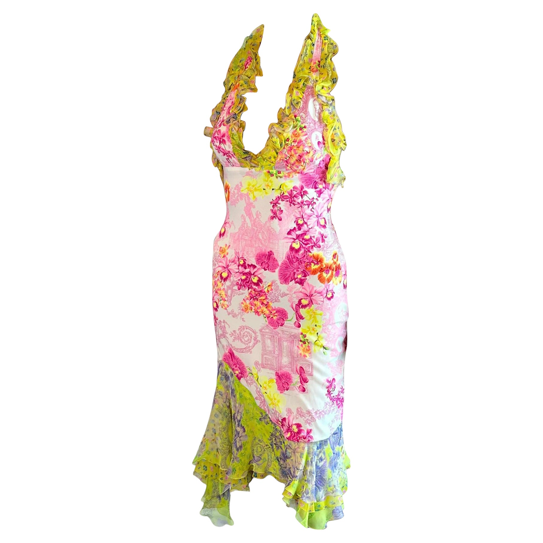 Versace S/S 2004 Runway Floral Print Ruffle Plunging Neckline Low Back Dress