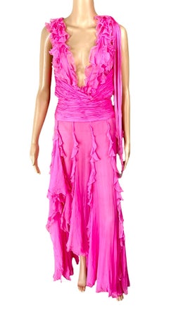 Versace S/S 2004 Runway Plunged Neckline Open Back Sheer Evening Dress Gown