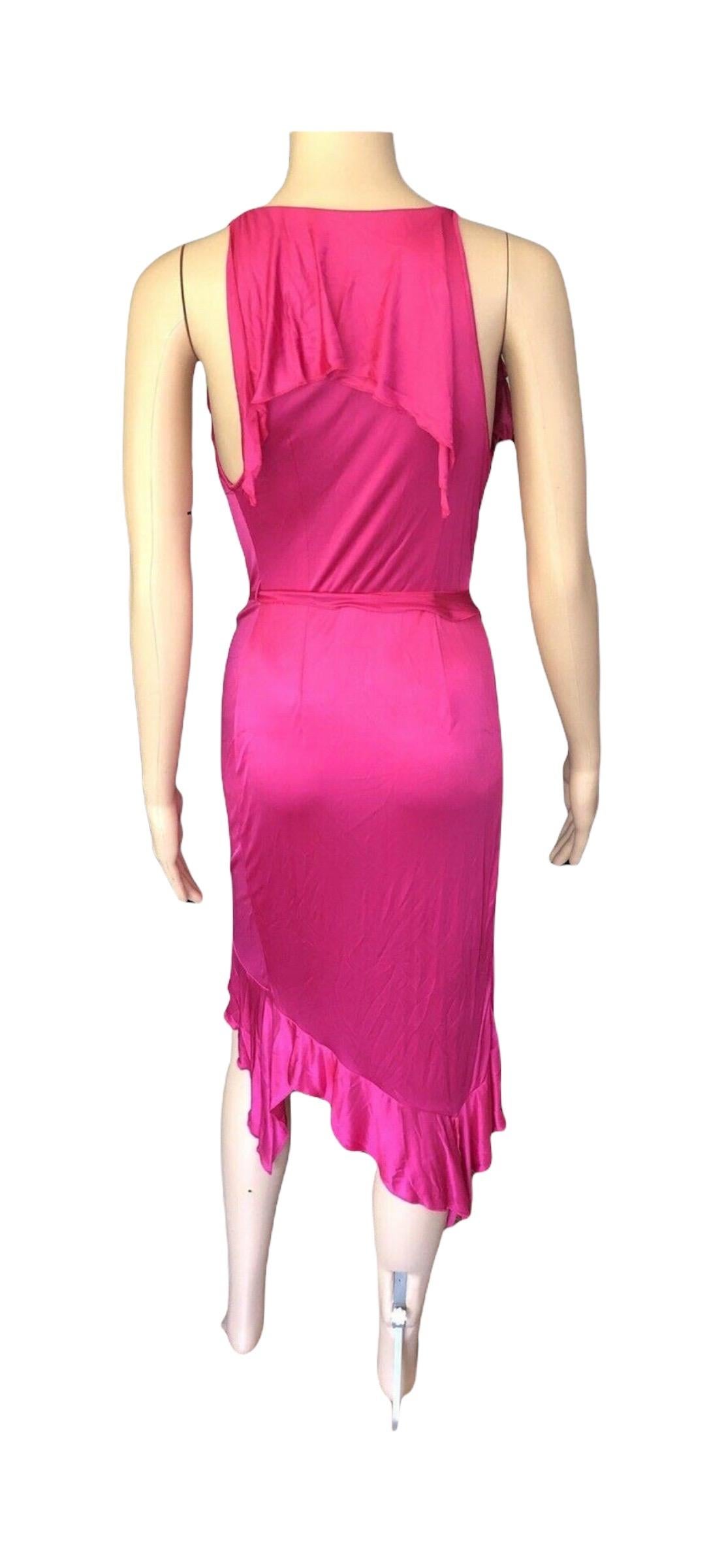 Pink Versace S/S 2004 Runway Plunging Neckline Wrap Ruffles Dress For Sale