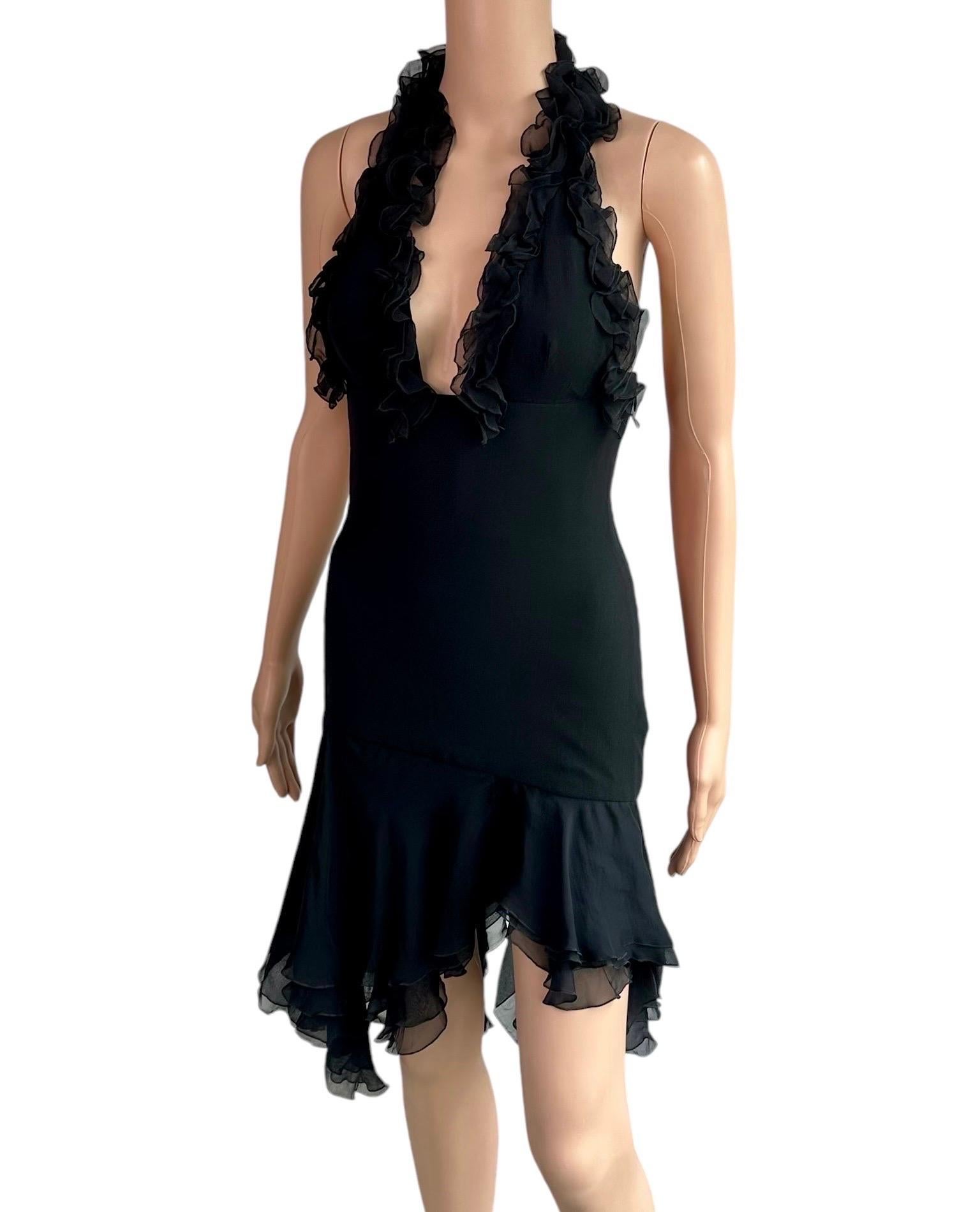 Versace S/S 2004 Runway Ruffled Plunging Neckline Low Back Black Dress For Sale 6