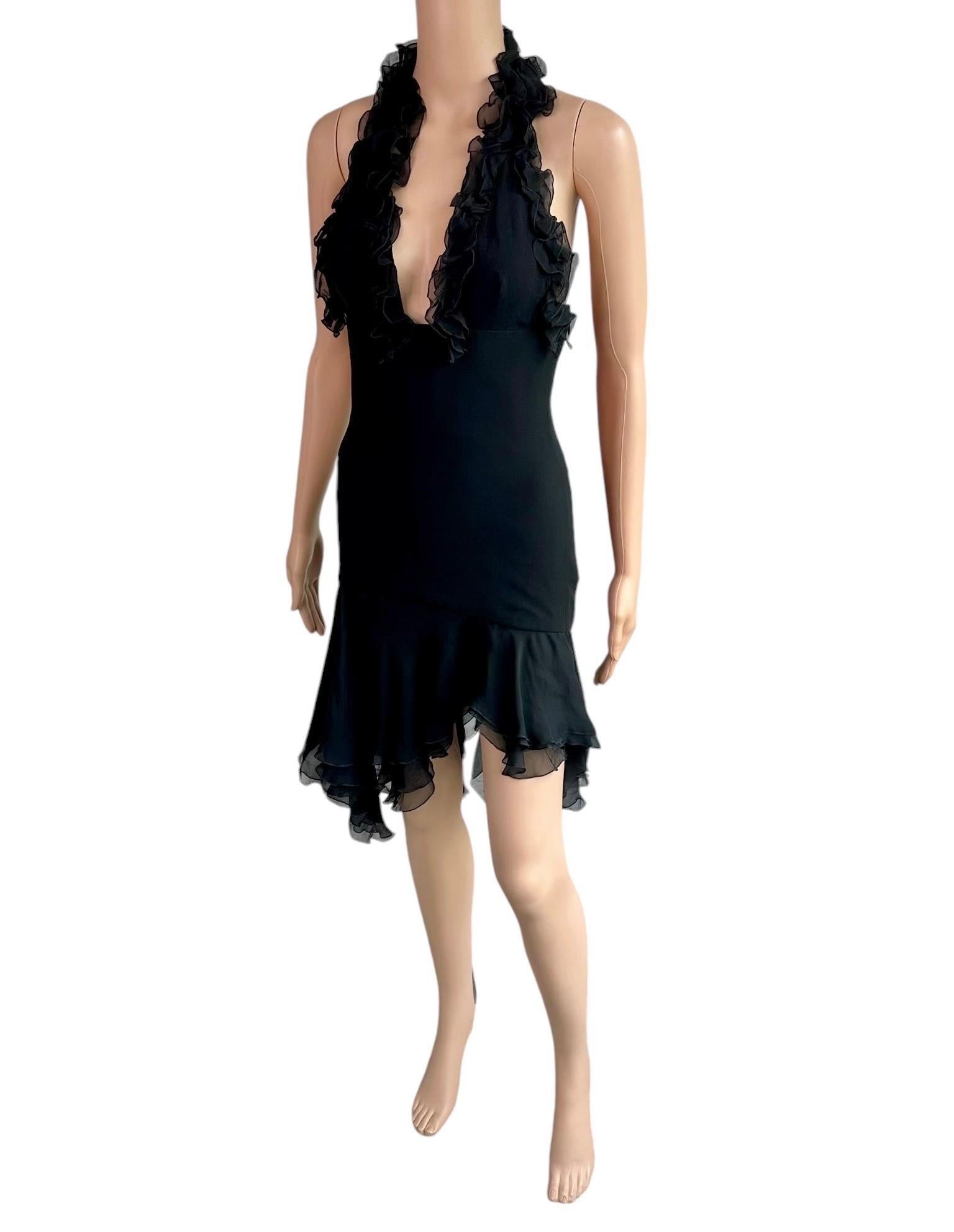 Versace S/S 2004 Runway Ruffled Plunging Neckline Low Back Black Dress For Sale 8