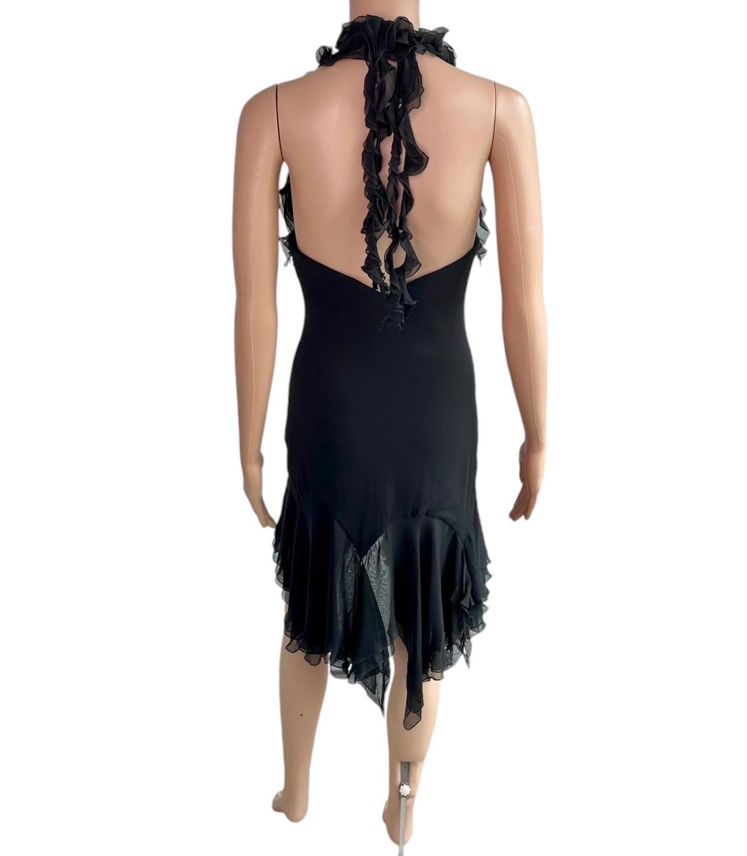 Versace S/S 2004 Runway Ruffled Plunging Neckline Low Back Black Dress For Sale 12