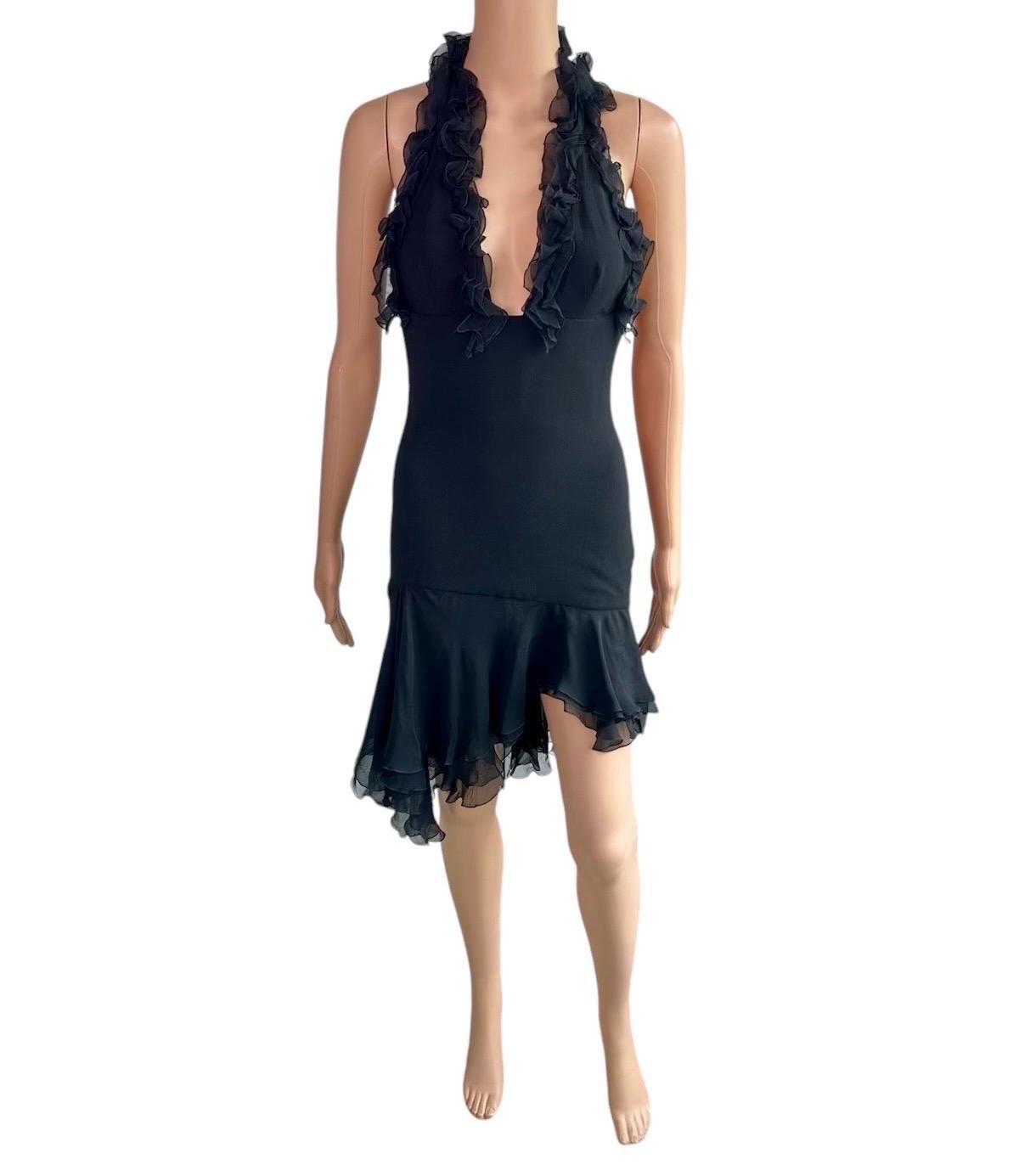 Versace S/S 2004 Runway Ruffled Plunging Neckline Low Back Black Dress For Sale 13