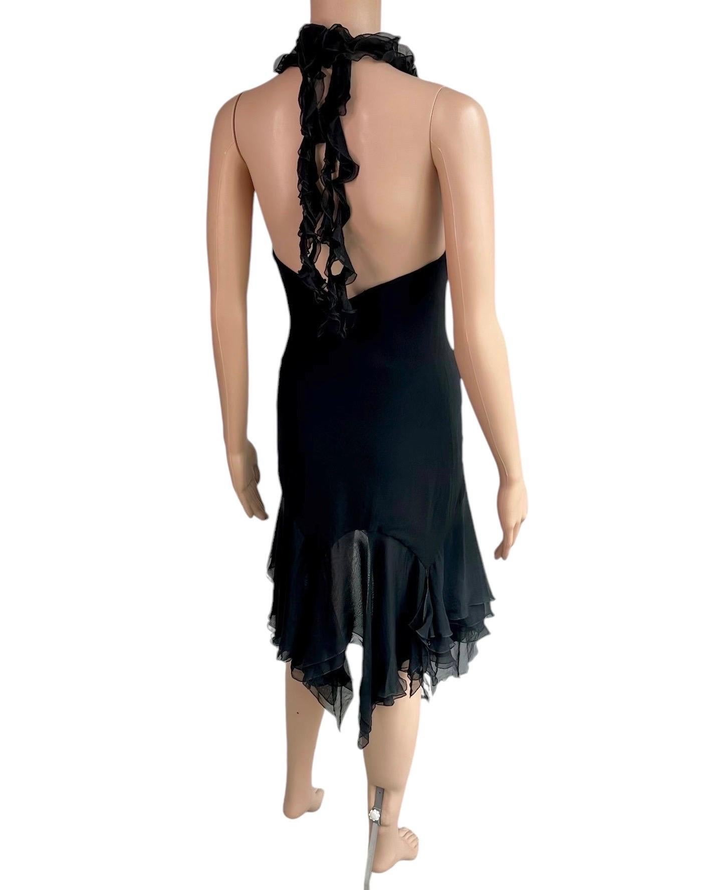 Versace S/S 2004 Runway Ruffled Plunging Neckline Low Back Black Dress For Sale 14