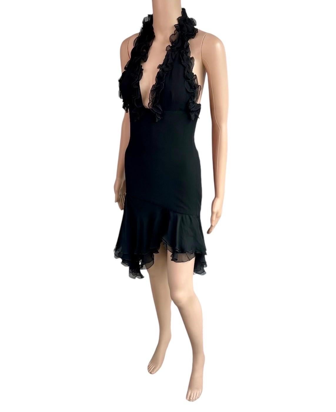 Versace S/S 2004 Runway Ruffled Plunging Neckline Low Back Black Dress For Sale 15
