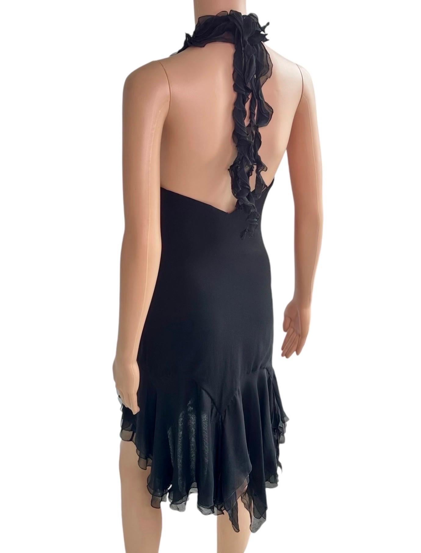 Versace S/S 2004 Runway Ruffled Plunging Neckline Low Back Black Dress For Sale 1