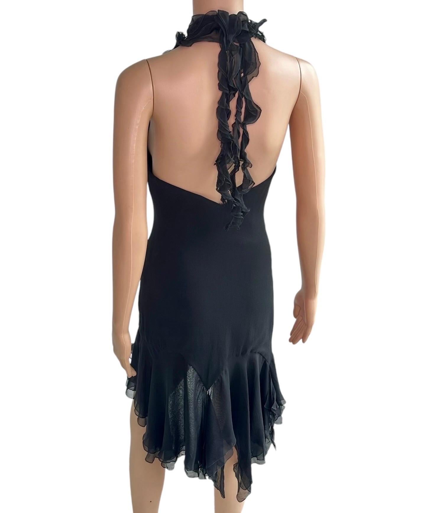 Versace S/S 2004 Runway Ruffled Plunging Neckline Low Back Black Dress For Sale 3