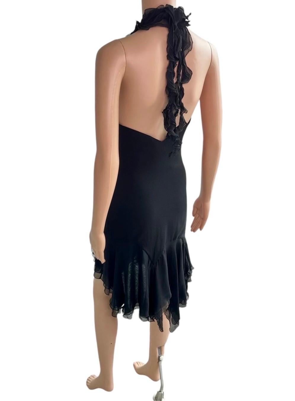 Versace S/S 2004 Runway Ruffled Plunging Neckline Low Back Black Dress For Sale 5
