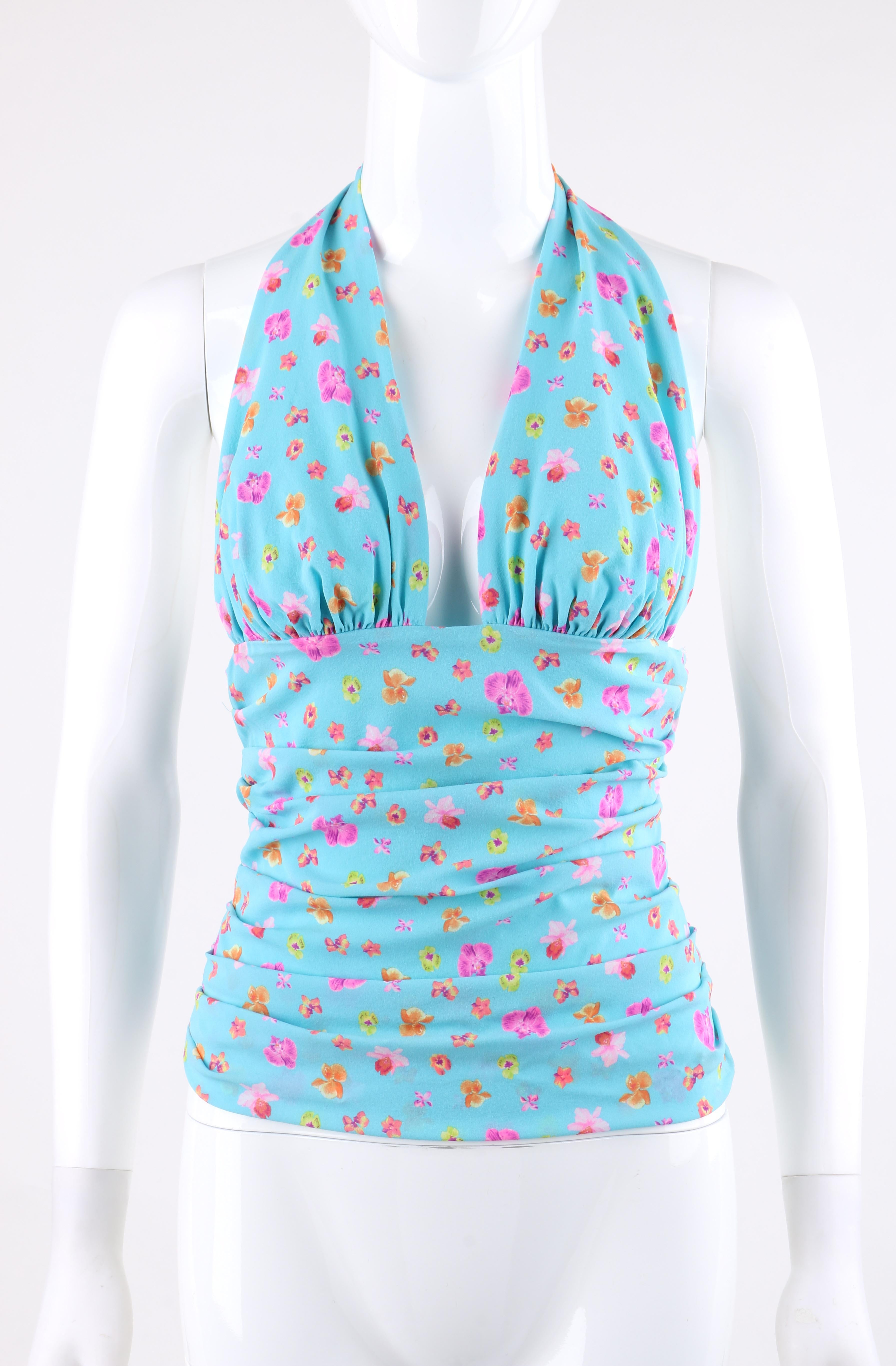 VERSACE S/S 2004 Turquoise Orchid Floral Print Plunge Neckline Ruched Halter Top
 
Brand / Manufacturer: Versace
Collection: Spring / Summer 2004 Style: runway look #1; Pattern: runway look #12.
Style: Halter top
Color(s): Shades of blue, purple,