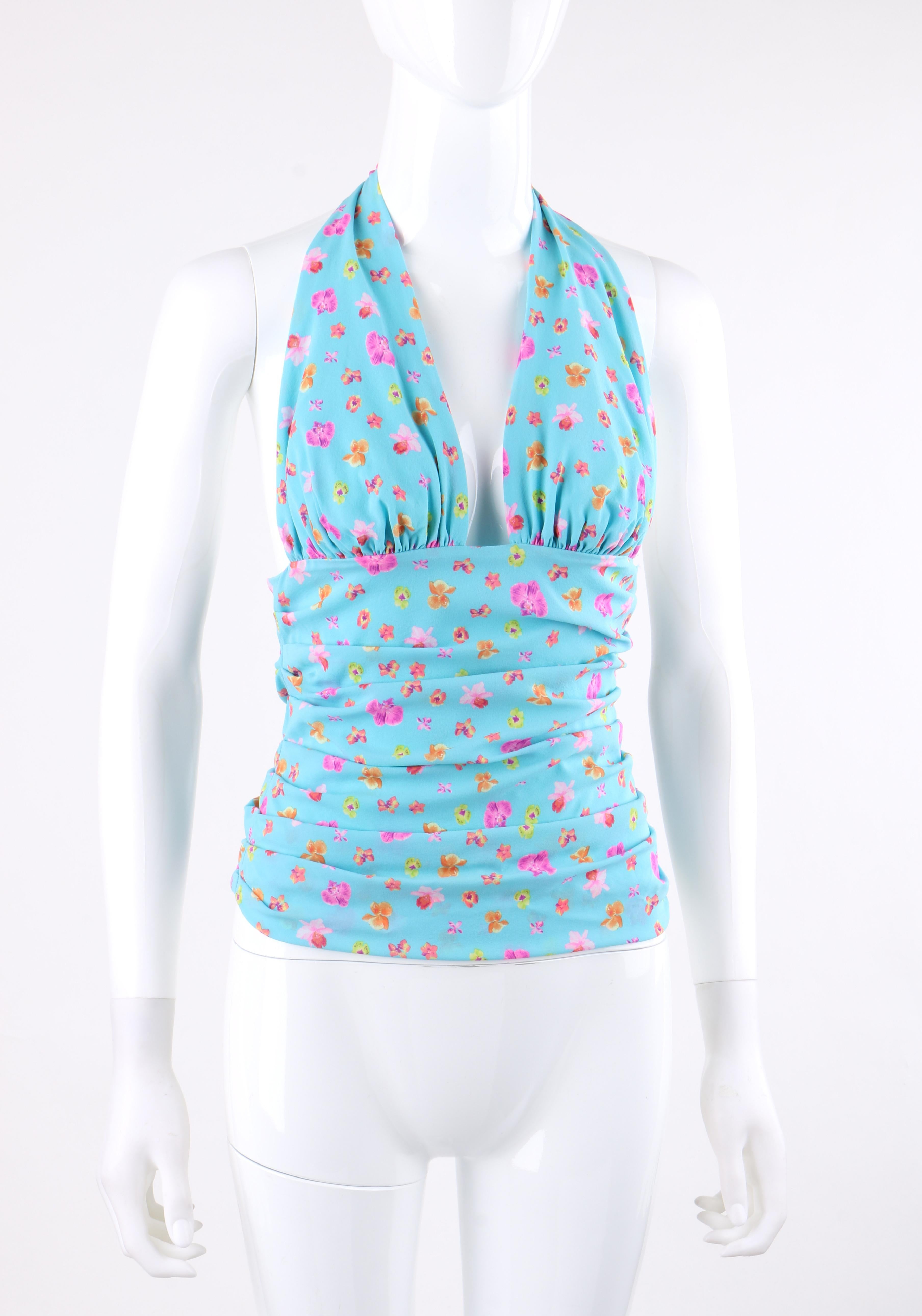 Blue VERSACE S/S 2004 Turquoise Orchid Floral Print Plunge Neckline Ruched Halter Top