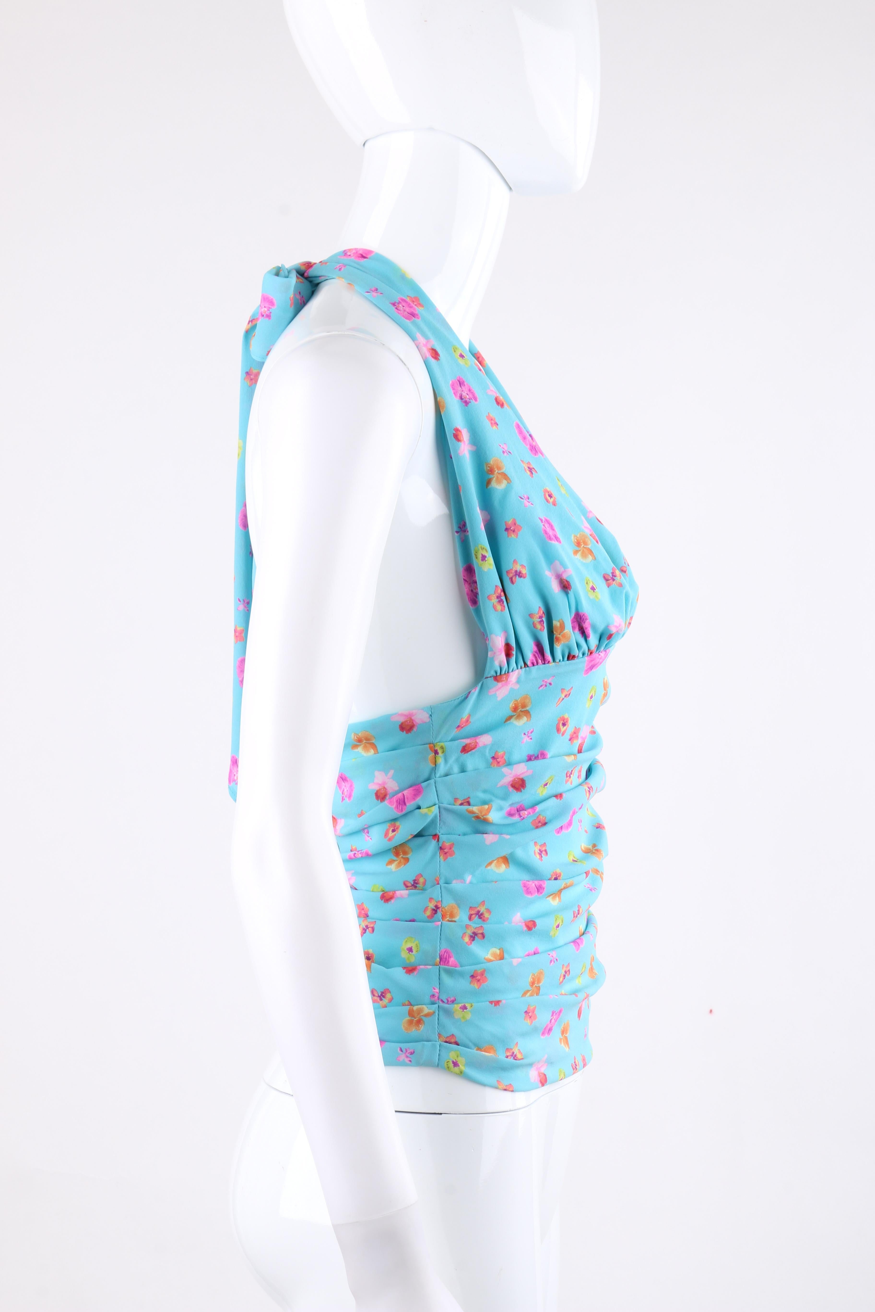 VERSACE S/S 2004 Turquoise Orchid Floral Print Plunge Neckline Ruched Halter Top In Good Condition In Thiensville, WI