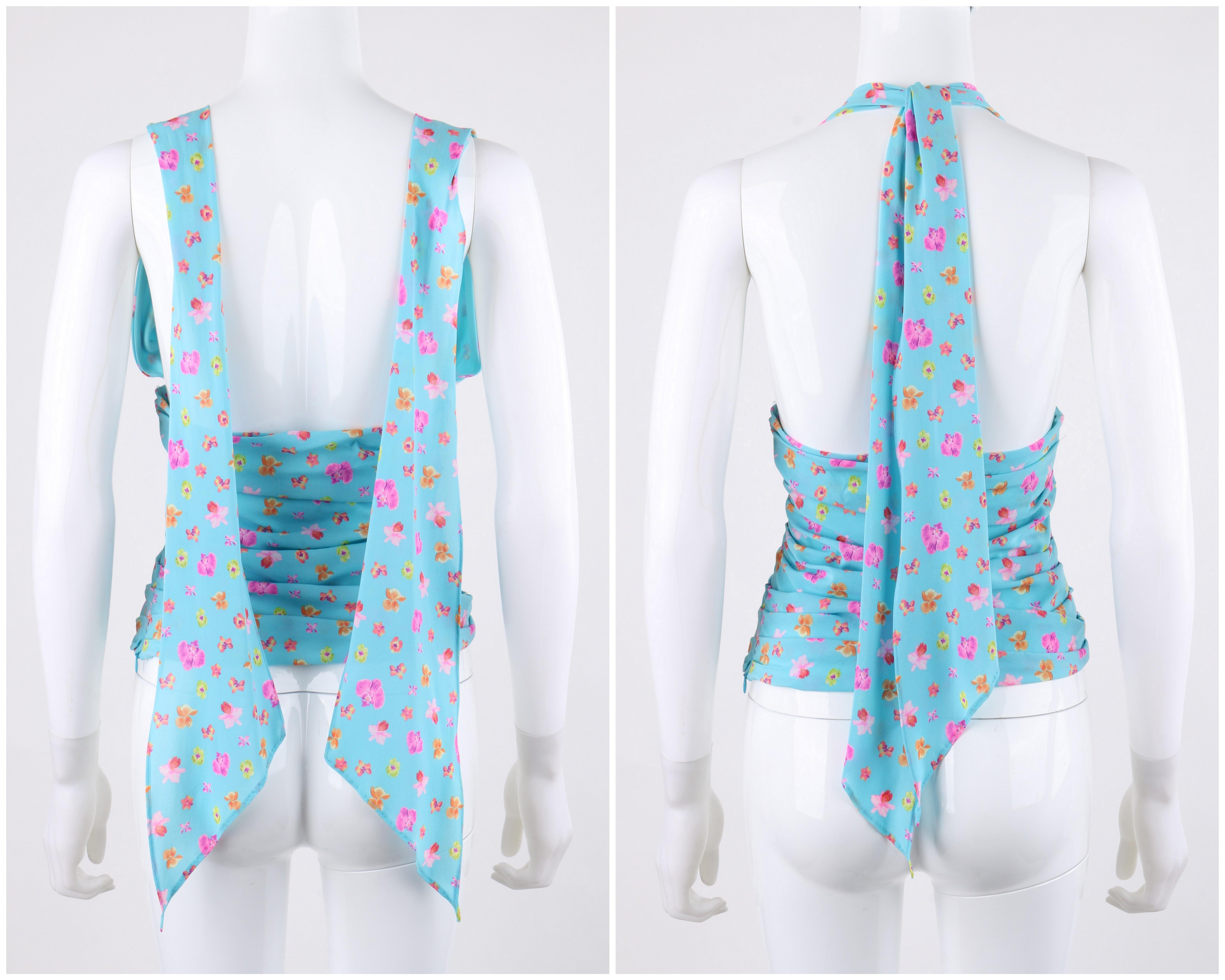 Women's VERSACE S/S 2004 Turquoise Orchid Floral Print Plunge Neckline Ruched Halter Top
