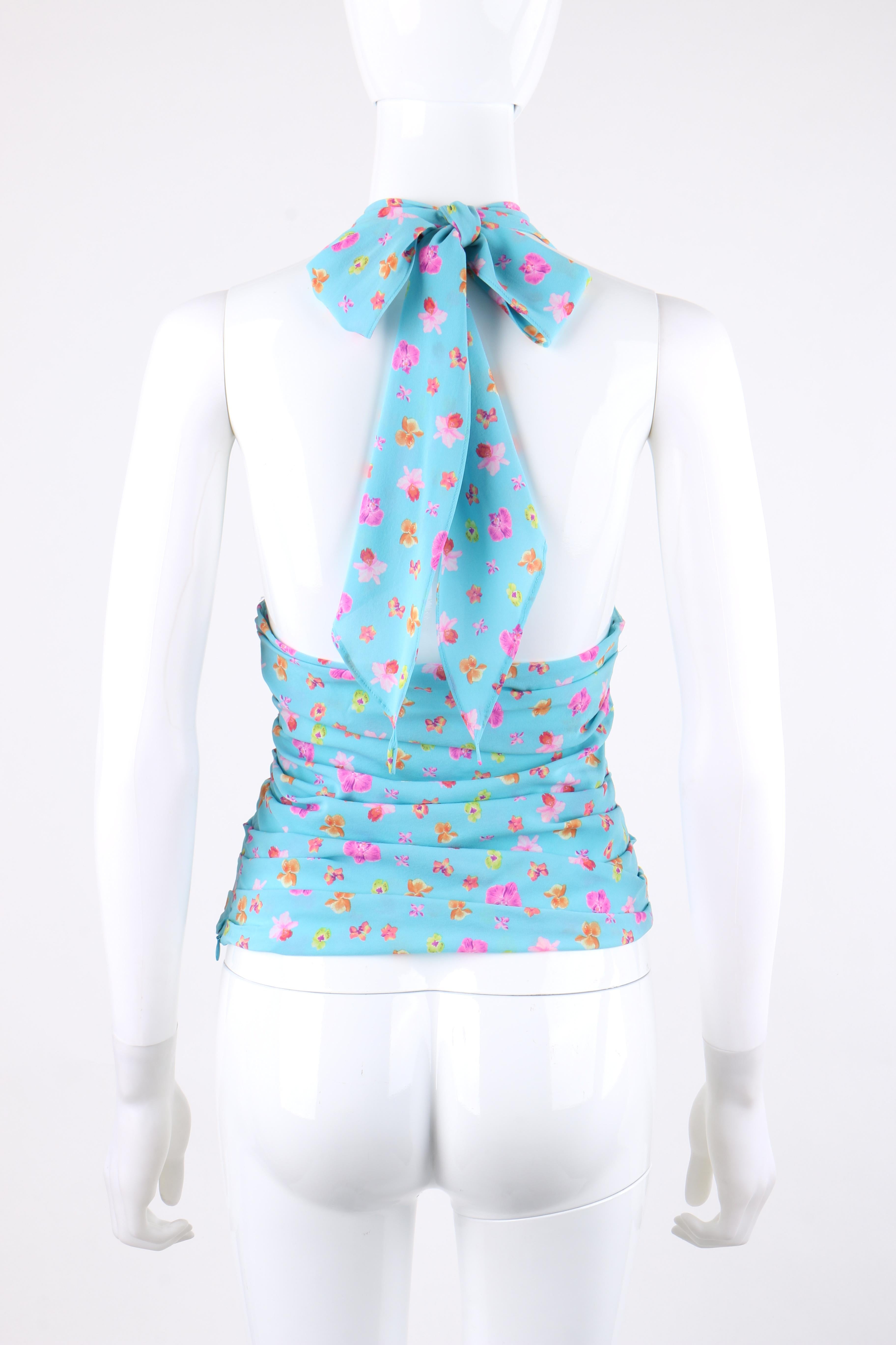VERSACE S/S 2004 Turquoise Orchid Floral Print Plunge Neckline Ruched Halter Top 1