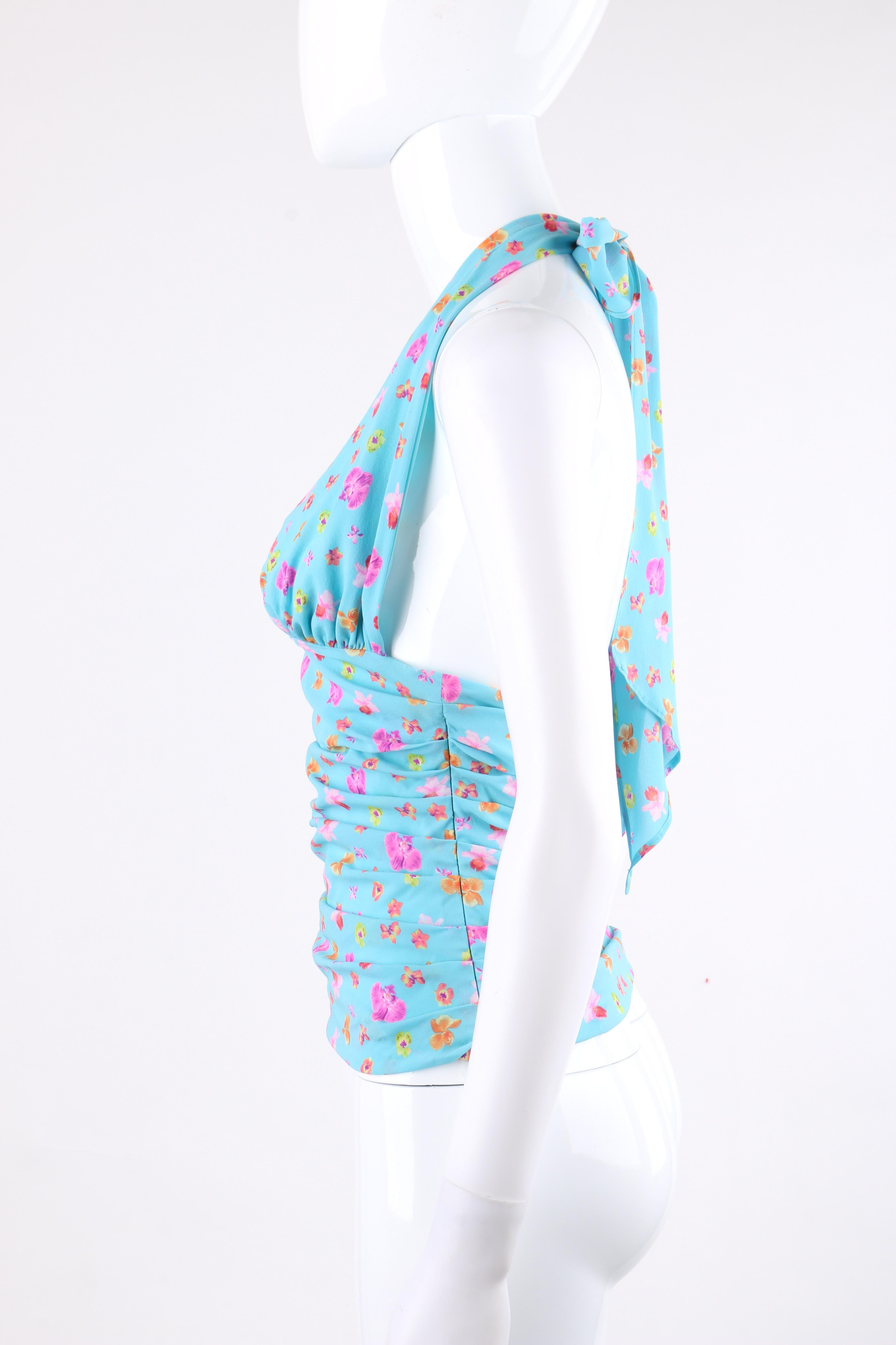 VERSACE S/S 2004 Turquoise Orchid Floral Print Plunge Neckline Ruched Halter Top 2