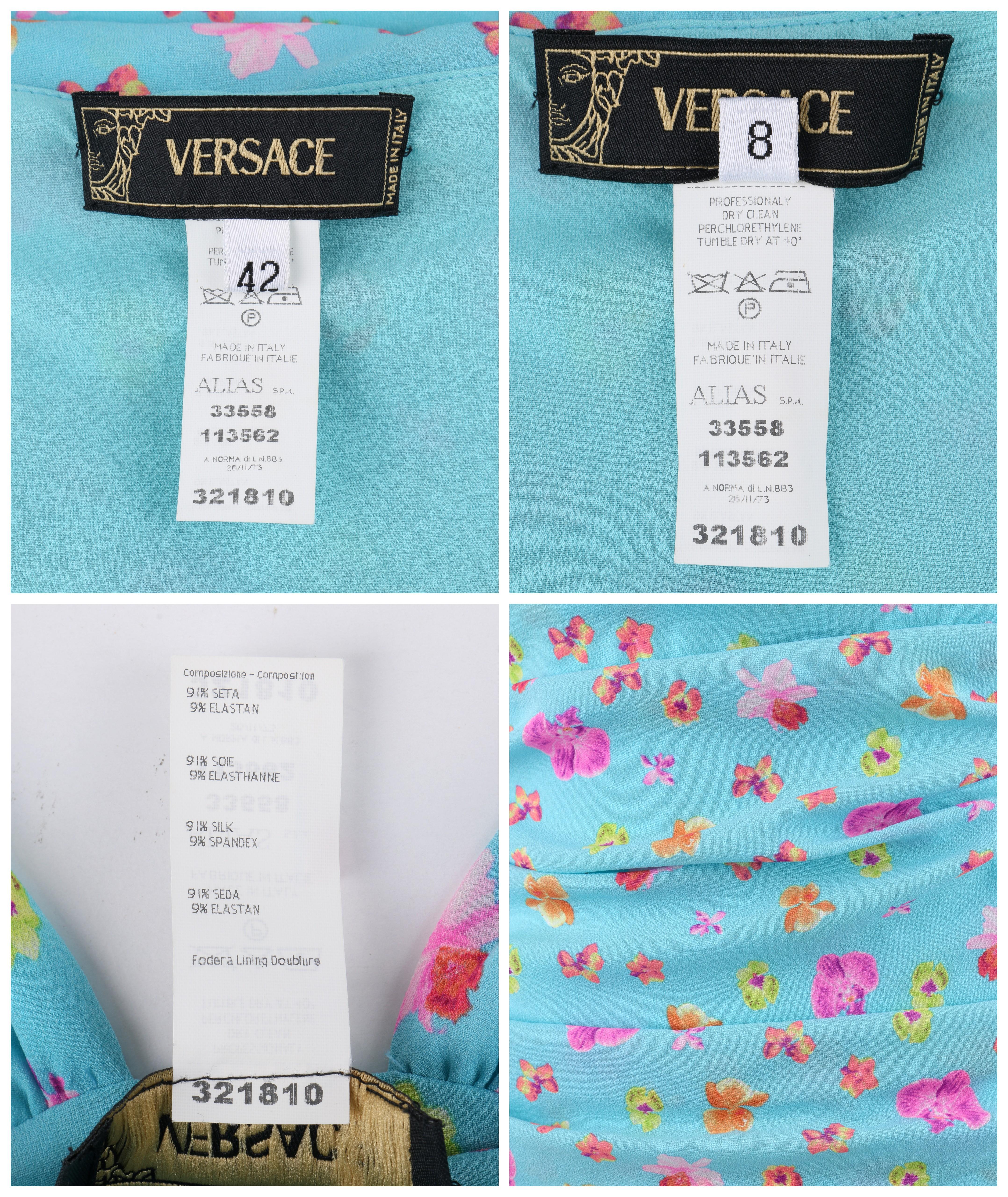 VERSACE S/S 2004 Turquoise Orchid Floral Print Plunge Neckline Ruched Halter Top 3