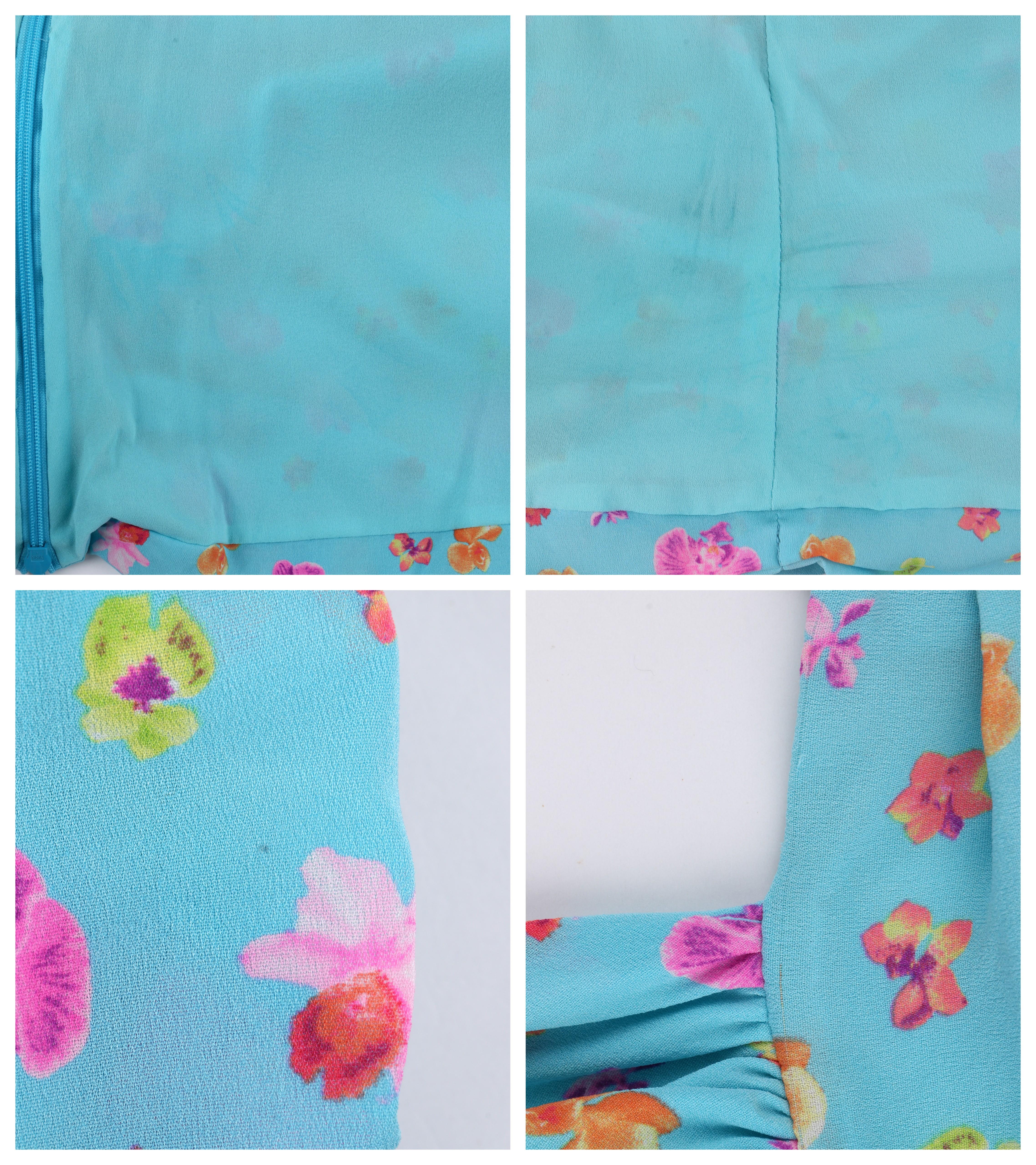 VERSACE S/S 2004 Turquoise Orchid Floral Print Plunge Neckline Ruched Halter Top 4