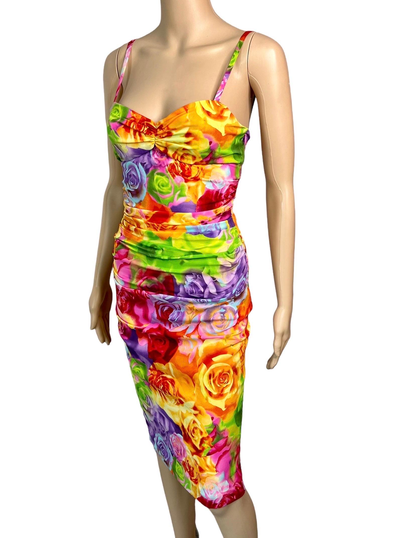 Versace S/S 2005 Bustier Bra Floral Print Bodycon Ruched Dress For Sale 6