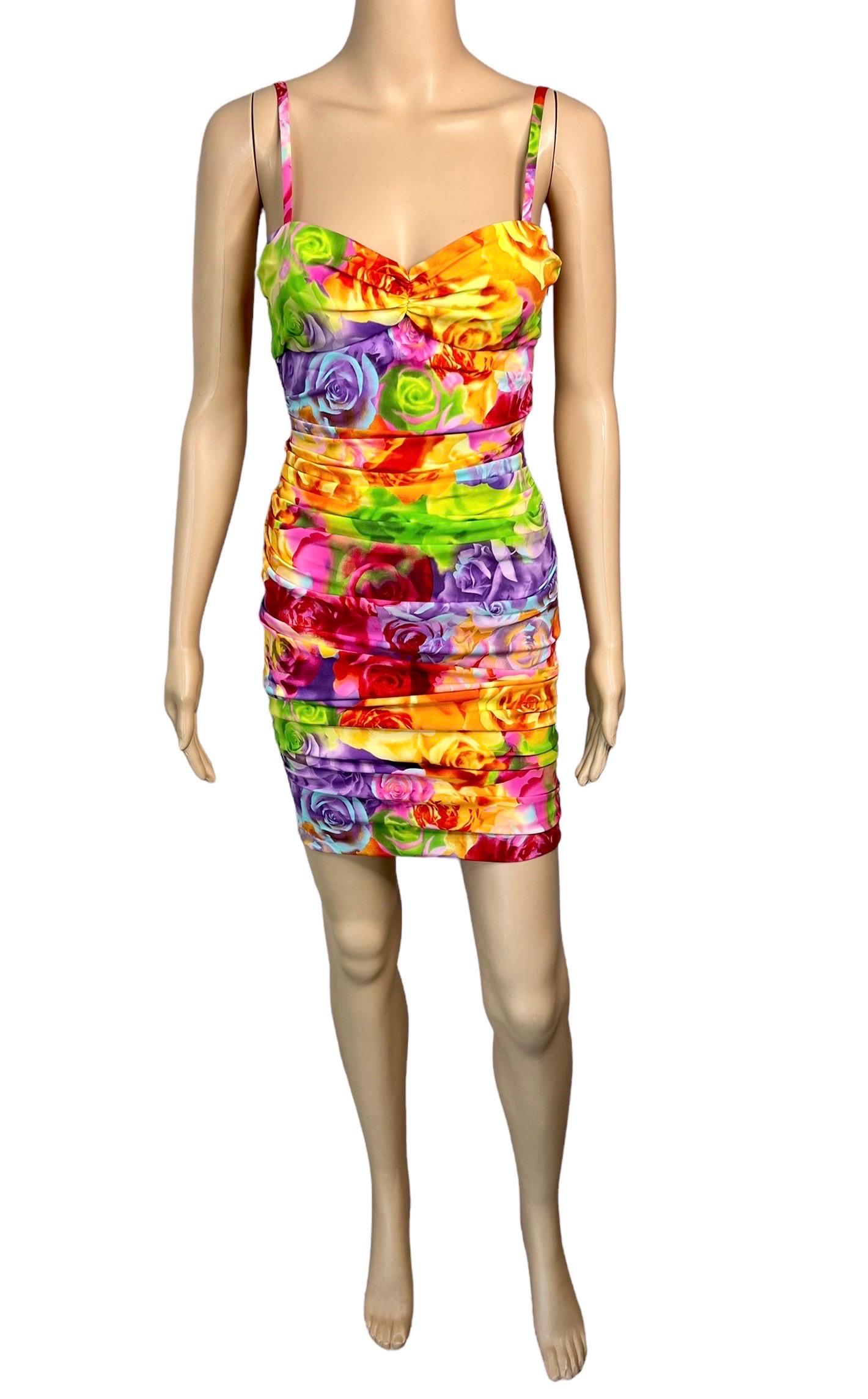 Beige Versace S/S 2005 Bustier Bra Floral Print Bodycon Ruched Dress For Sale
