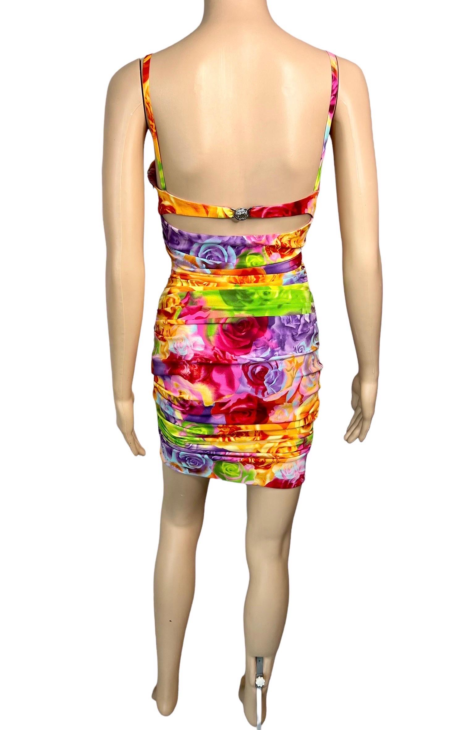 Versace S/S 2005 Bustier Bra Floral Print Bodycon Ruched Dress In Good Condition For Sale In Naples, FL