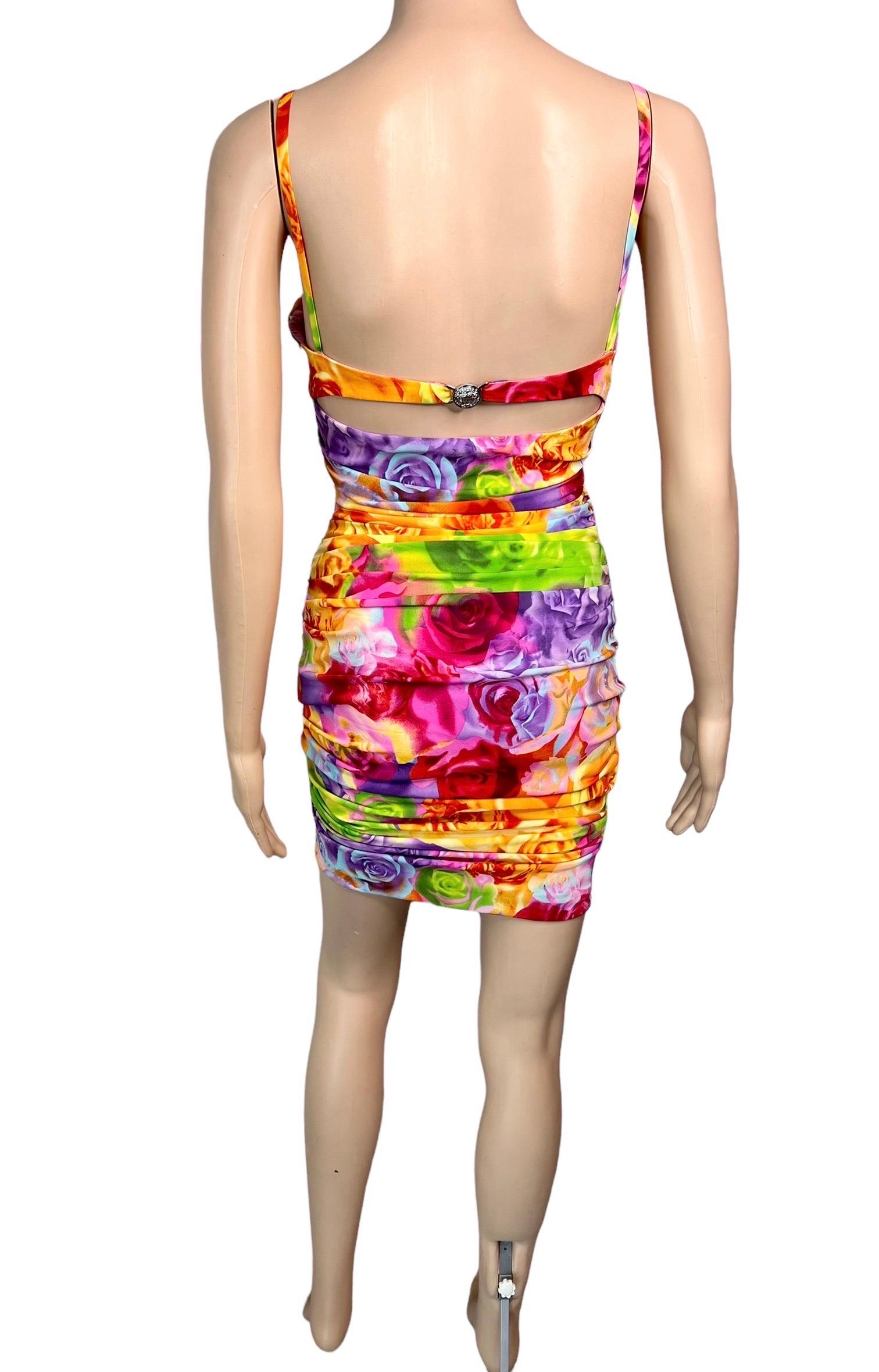 Women's Versace S/S 2005 Bustier Bra Floral Print Bodycon Ruched Dress For Sale