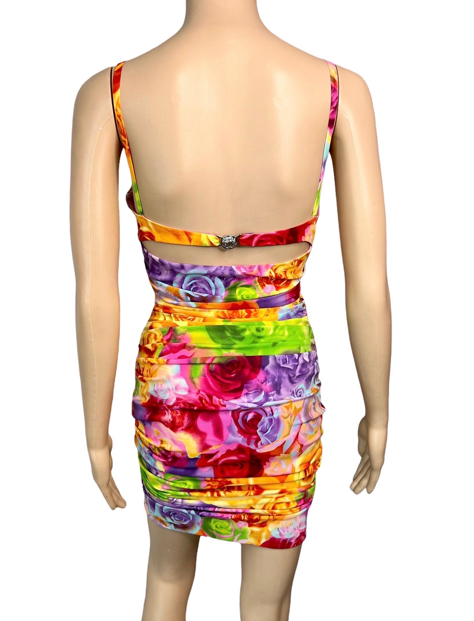 Versace S/S 2005 Bustier Bra Floral Print Bodycon Ruched Dress For Sale 1