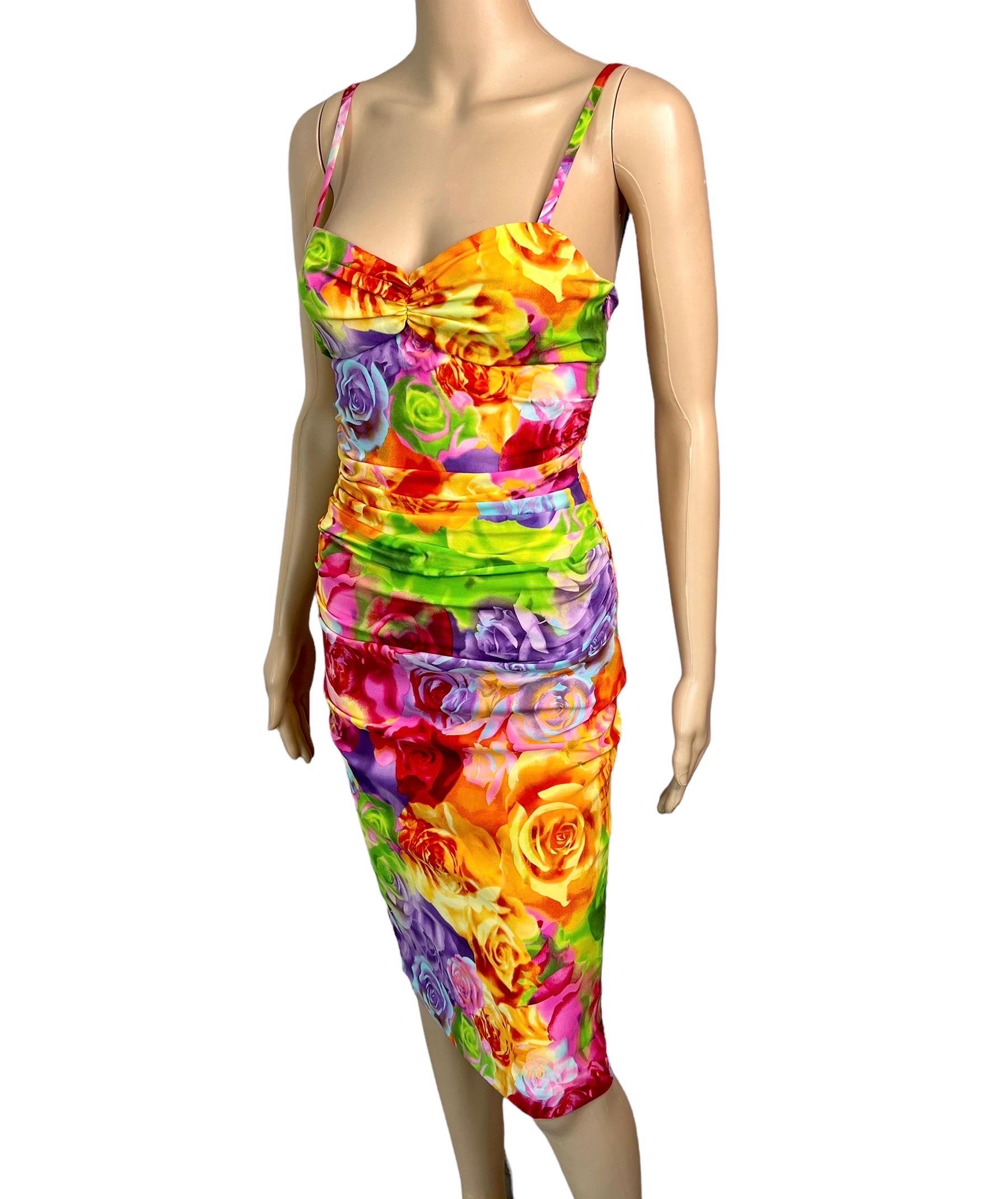 Versace S/S 2005 Bustier Bra Floral Print Bodycon Ruched Dress For Sale 2