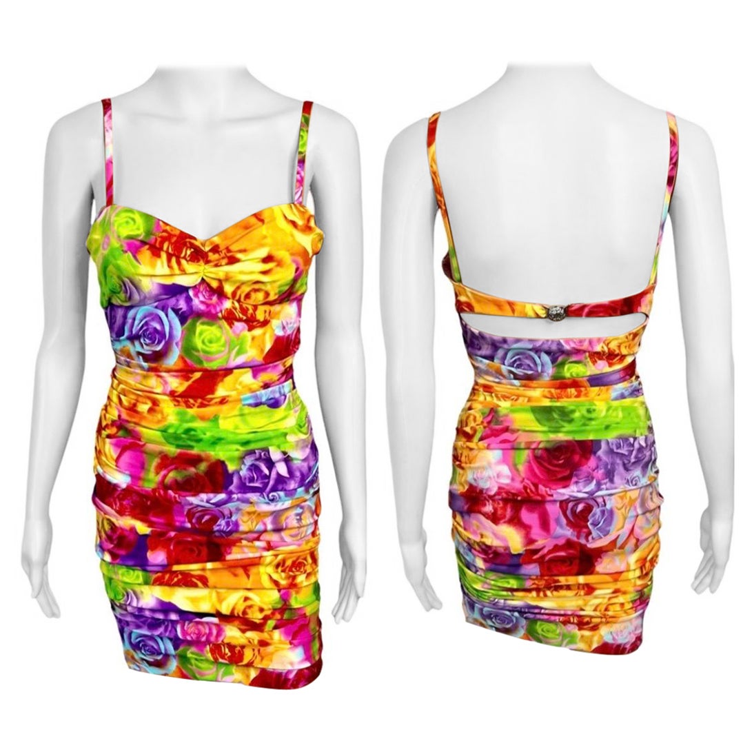 Versace S/S 2005 Bustier BH Bodycon-Kleid mit Blumendruck und Rüschen