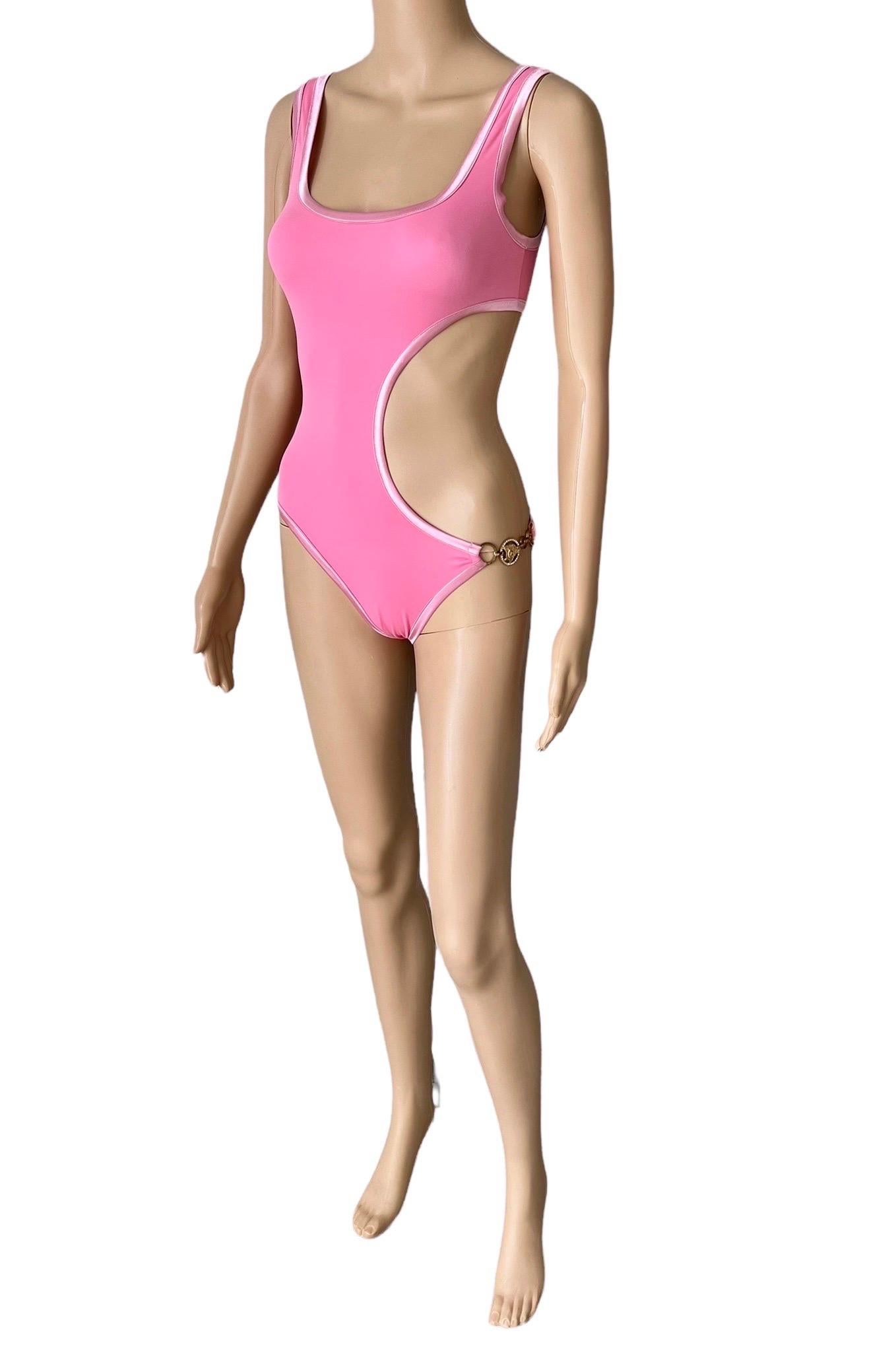 Pink Versace S/S 2005 Cutout Crystal Embellished Logo One-Piece Swimwear Swimsuit For Sale