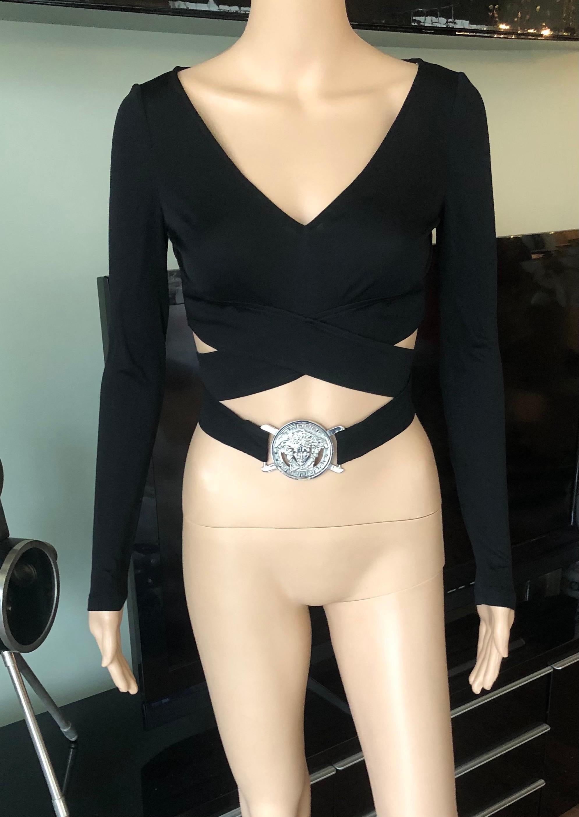 Versace S/S 2005 Embellished Belted Plunging Wrap Crop Top In Good Condition For Sale In Naples, FL