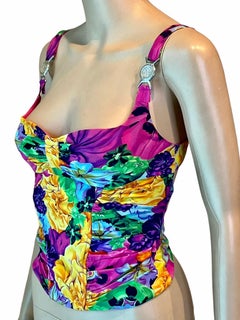 Versace S/S 2005 Hebillas con Logotipo Adornado Estampado Floral Espalda Recortada Crop Top